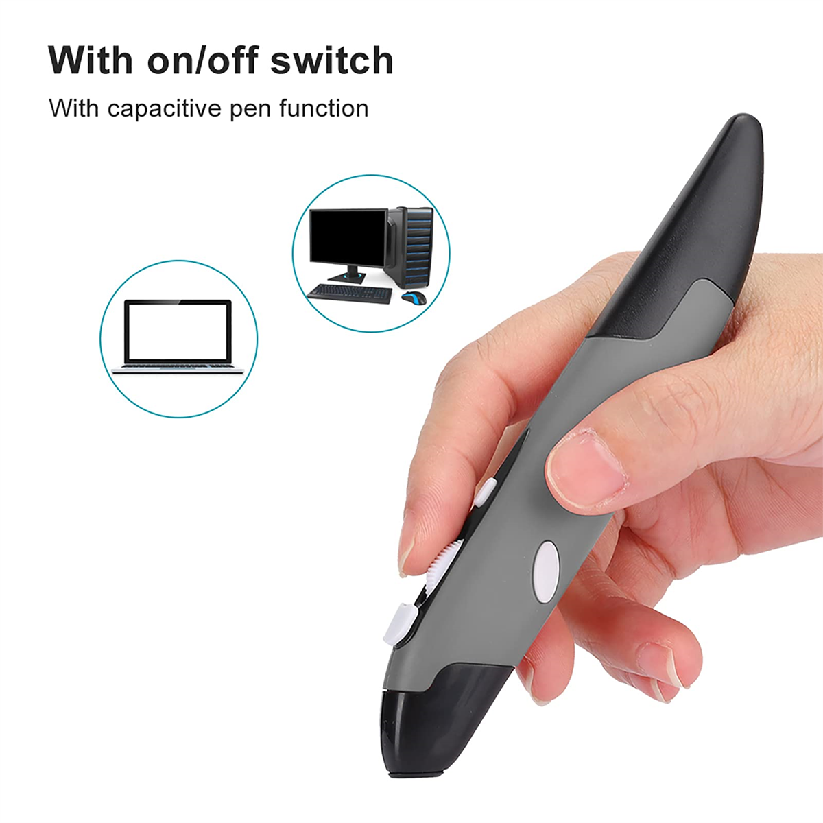 Eine graue stiftförmige Maus in einer Hand, mit Symbolen eines Computers und Laptops.