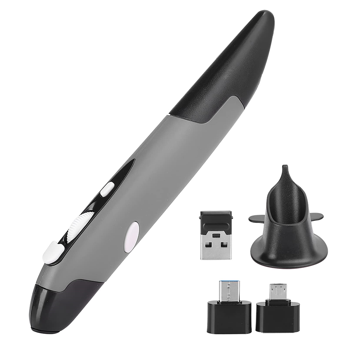 Grauer und schwarzer Stylus-Stift mit weißer Taste und Ladestation sowie Ladeadaptern.