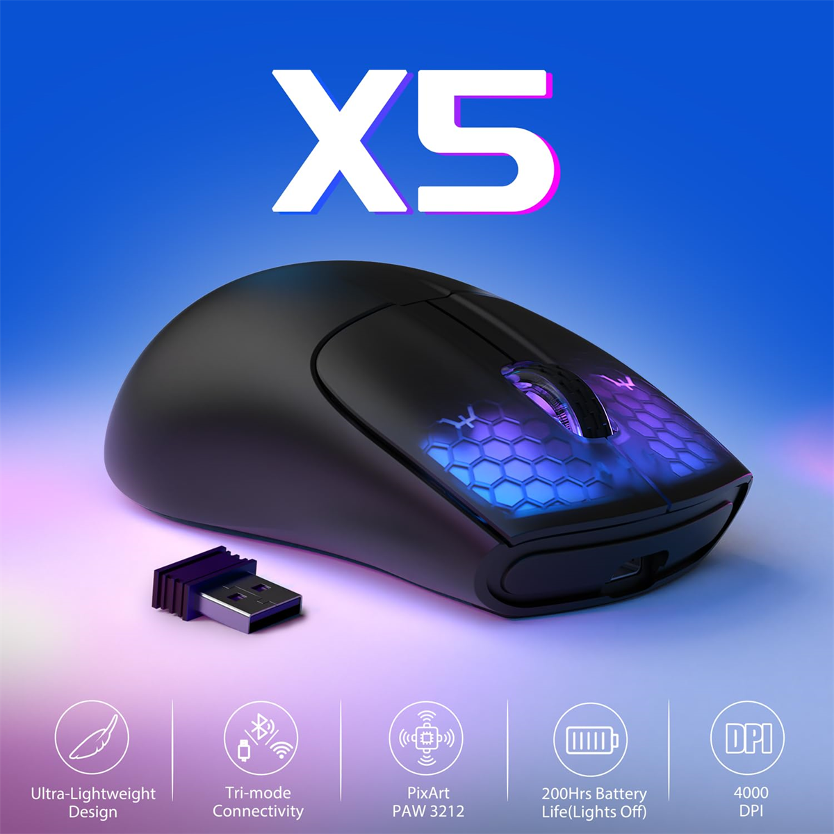 Eine schwarze Maus mit X5-Branding, USB-Empfänger und blau-lila Leuchtmuster. Blauer Hintergrund.