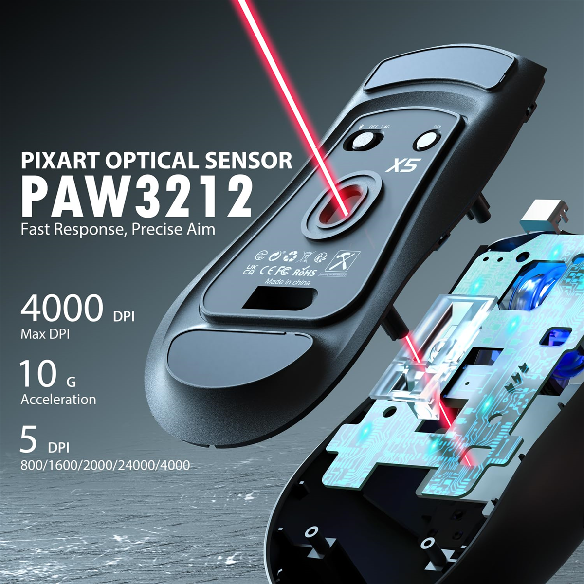 Eine schwarze Gaming-Maus mit rotem Laser. Die Maus hat einen Pixart-Sensor mit 4000 DPI.