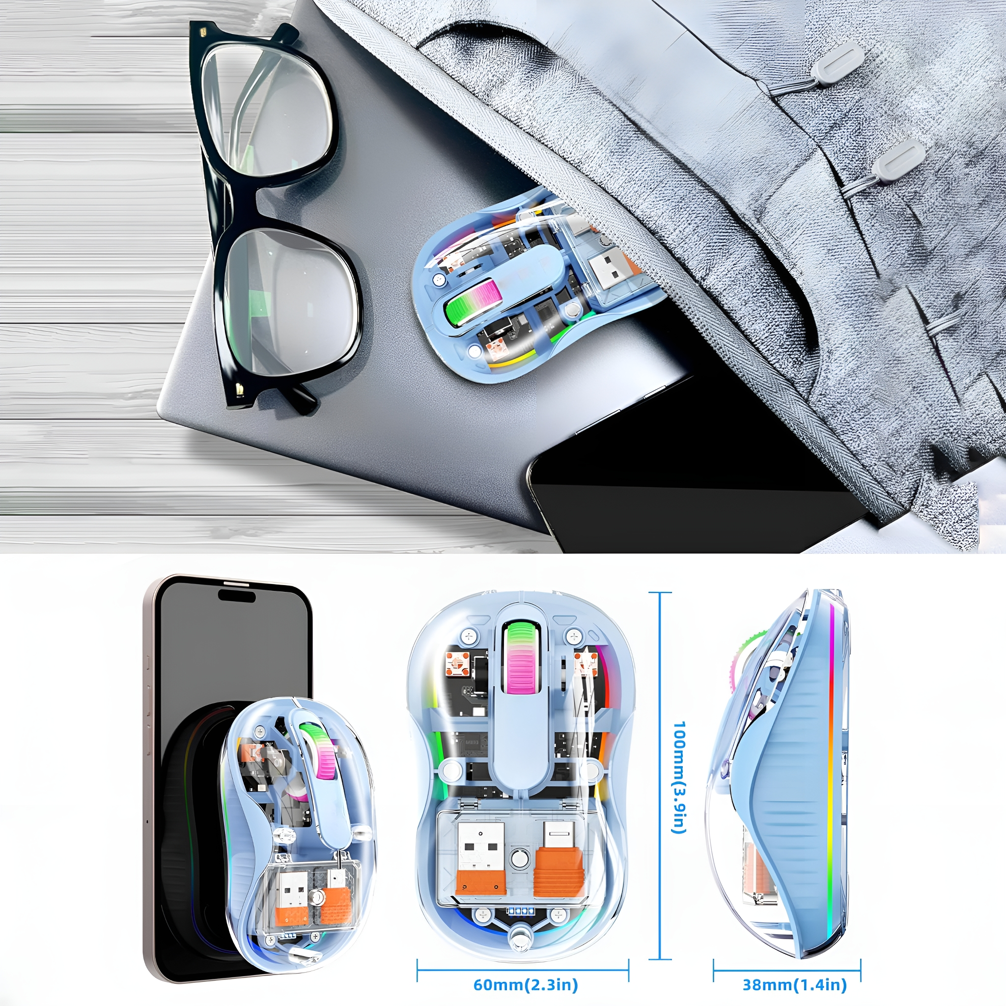 Transparente kabellose Maus mit Innenteilen. Laptop, Brille und Telefon im Bild. Drei Ansichten und Abmessungen.