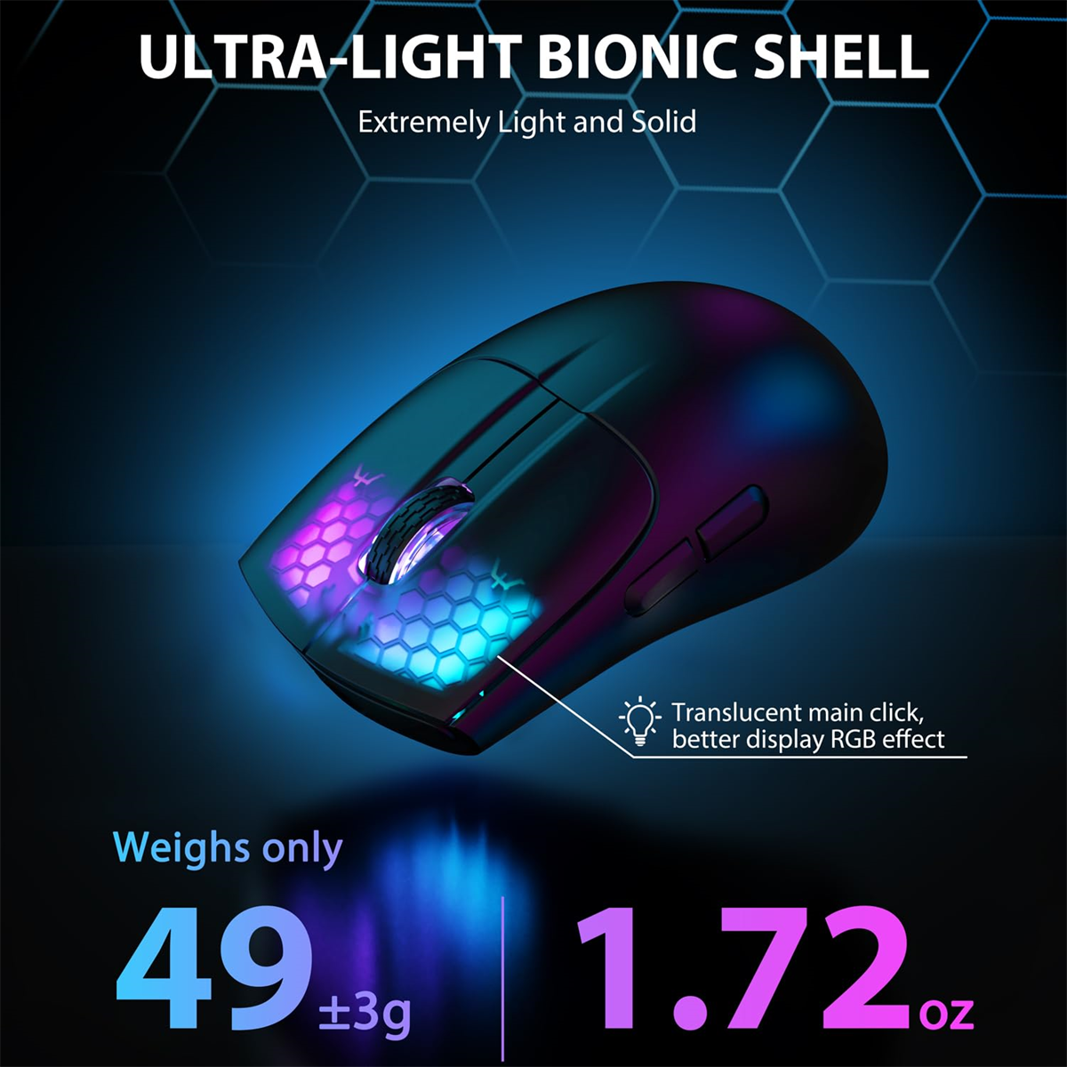 Schwarze Gaming-Maus mit RGB-Beleuchtung. Blauer und violetter Hintergrund.