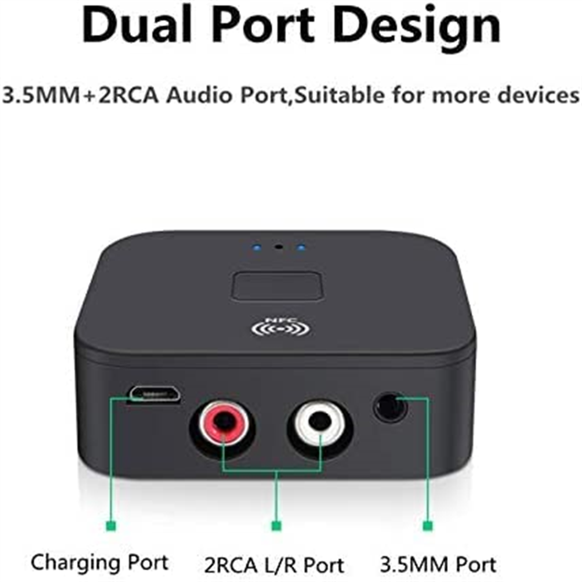 Schwarzes Gerät mit Lade-, 2RCA- und 3,5-mm-Anschlüssen. Text hebt Dual-Port-Design hervor.