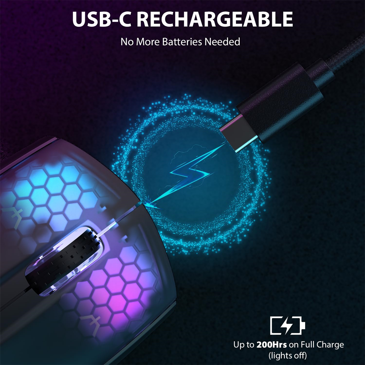 Gaming-Maus mit USB-C-Aufladung, beleuchtet mit blauen und lila Lichtern.