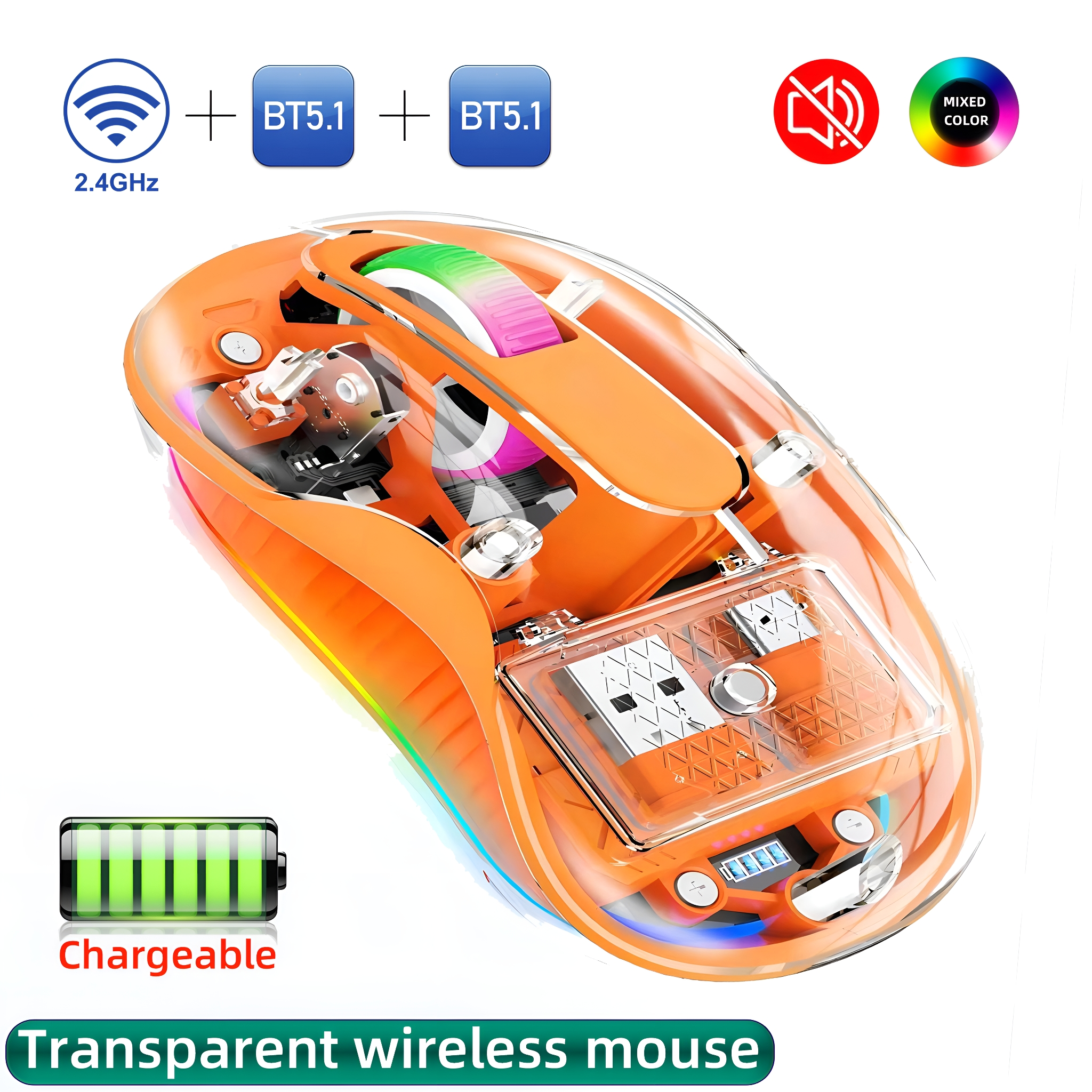 Orange transparente kabellose Maus. Symbole zeigen Funktionen an. Aufladbar. Buntes Scrollrad.
