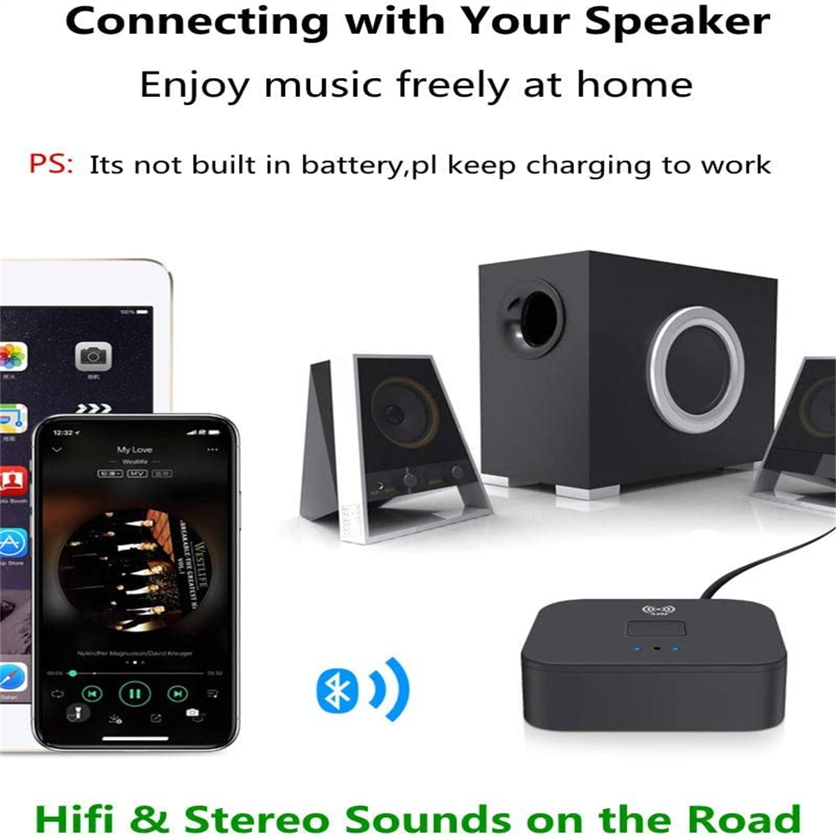 Smartphone, das Musik abspielt, verbunden mit einem Lautsprechersystem, mit einem schwarzen Funkanschluss.