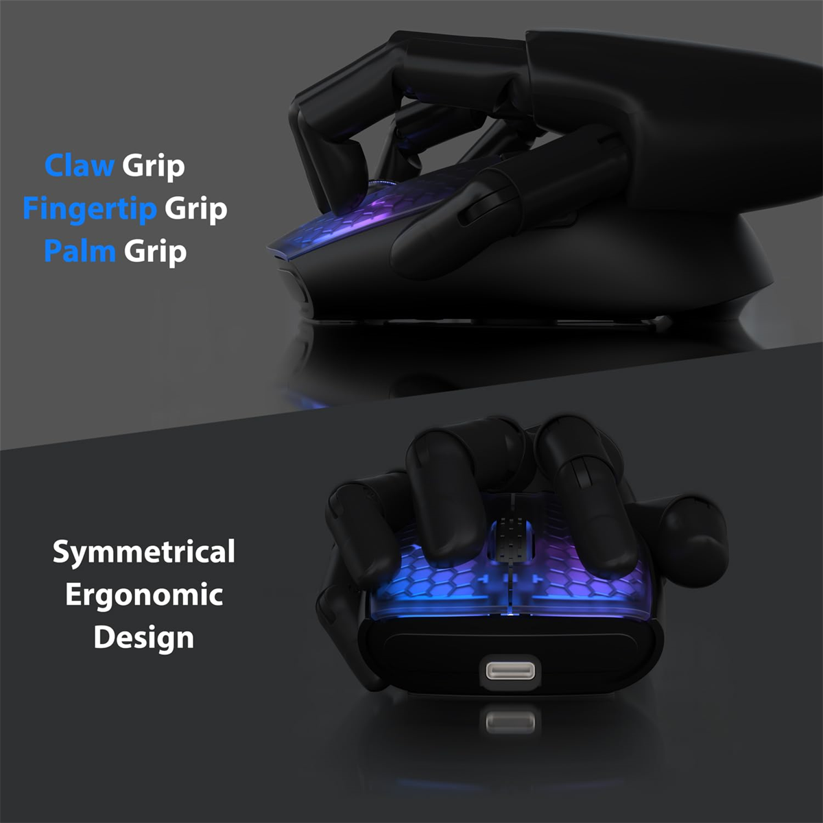 Eine Hand hält eine Maus. Die Maus hat ein ergonomisches Design. Krallen-, Fingerspitzen- und Handflächengriffoptionen werden gezeigt.
