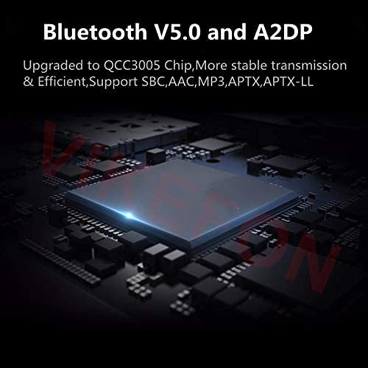 Nahaufnahme einer Platine mit Text über Bluetooth V5.0 und A2DP, sowie Chip-Details.