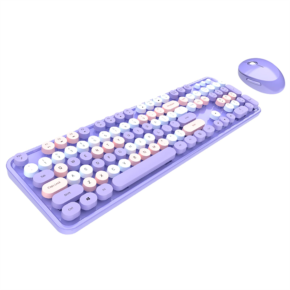 Lavendelfarbene Tastatur und Maus mit runden Tasten auf weißem Hintergrund.