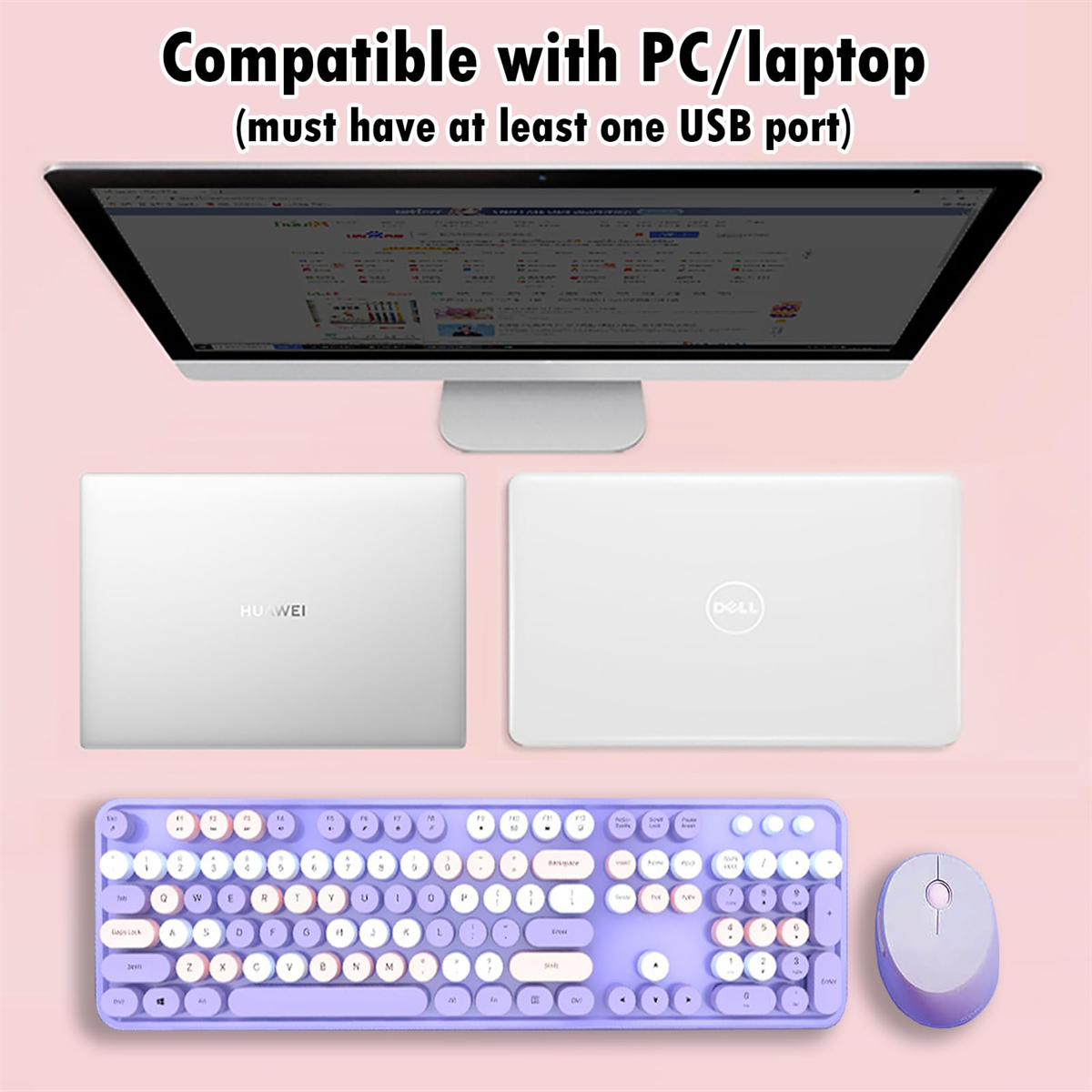 Ein Computerbildschirm, zwei Laptops, eine Tastatur und eine Maus auf einer rosa Oberfläche.