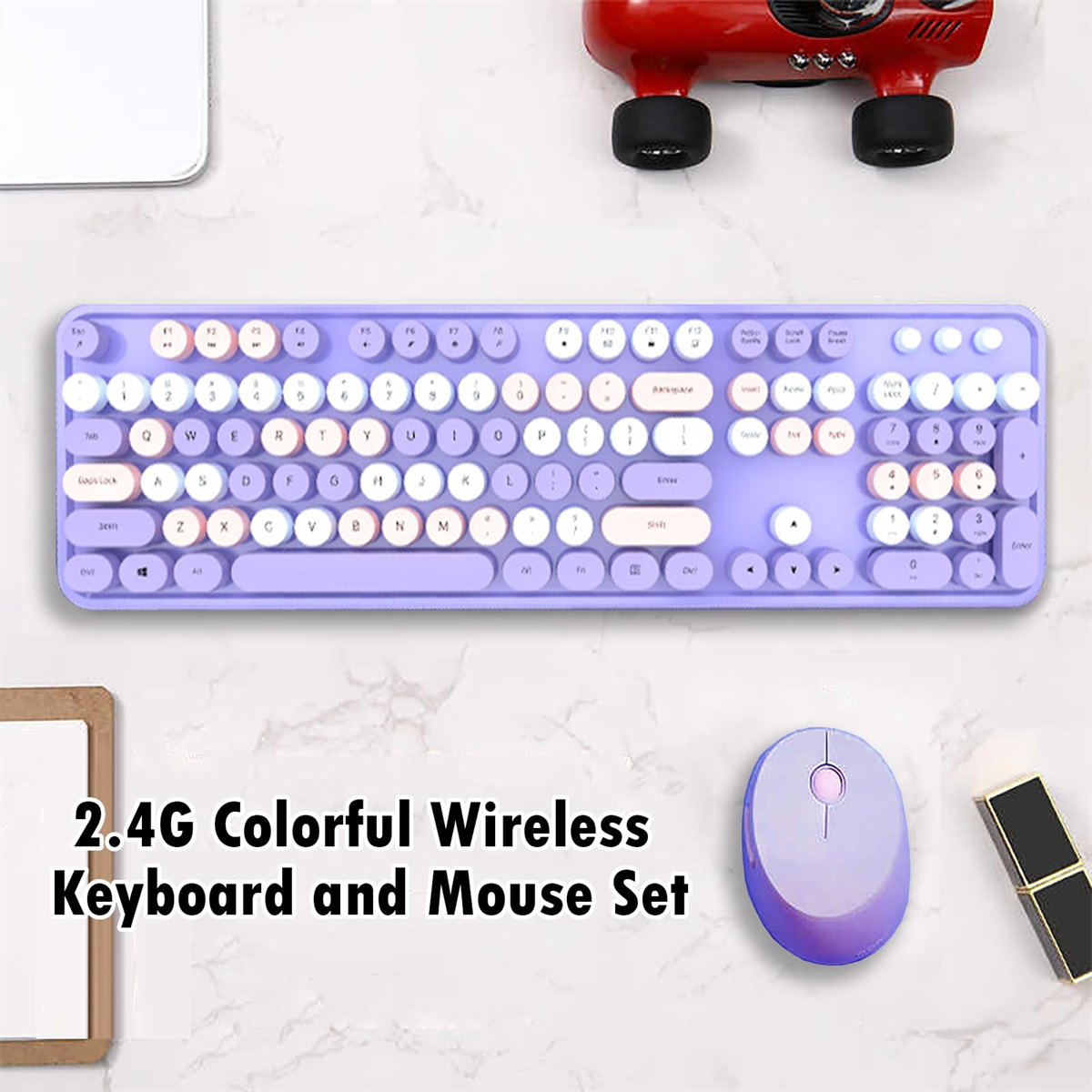 Ein 2,4G farbenfrohes kabelloses Tastatur- und Maus-Set, die Tastatur ist lavendelfarben, die Maus ist lila.