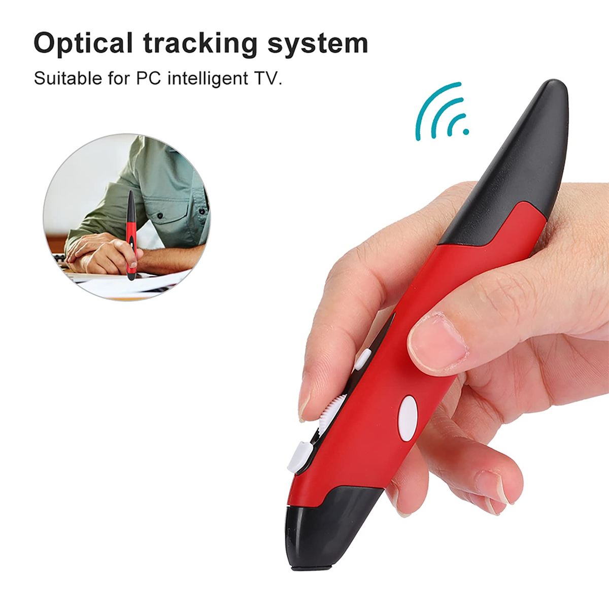 Rote und schwarze optische Tracking-Maus mit einer Person, die sie benutzt.