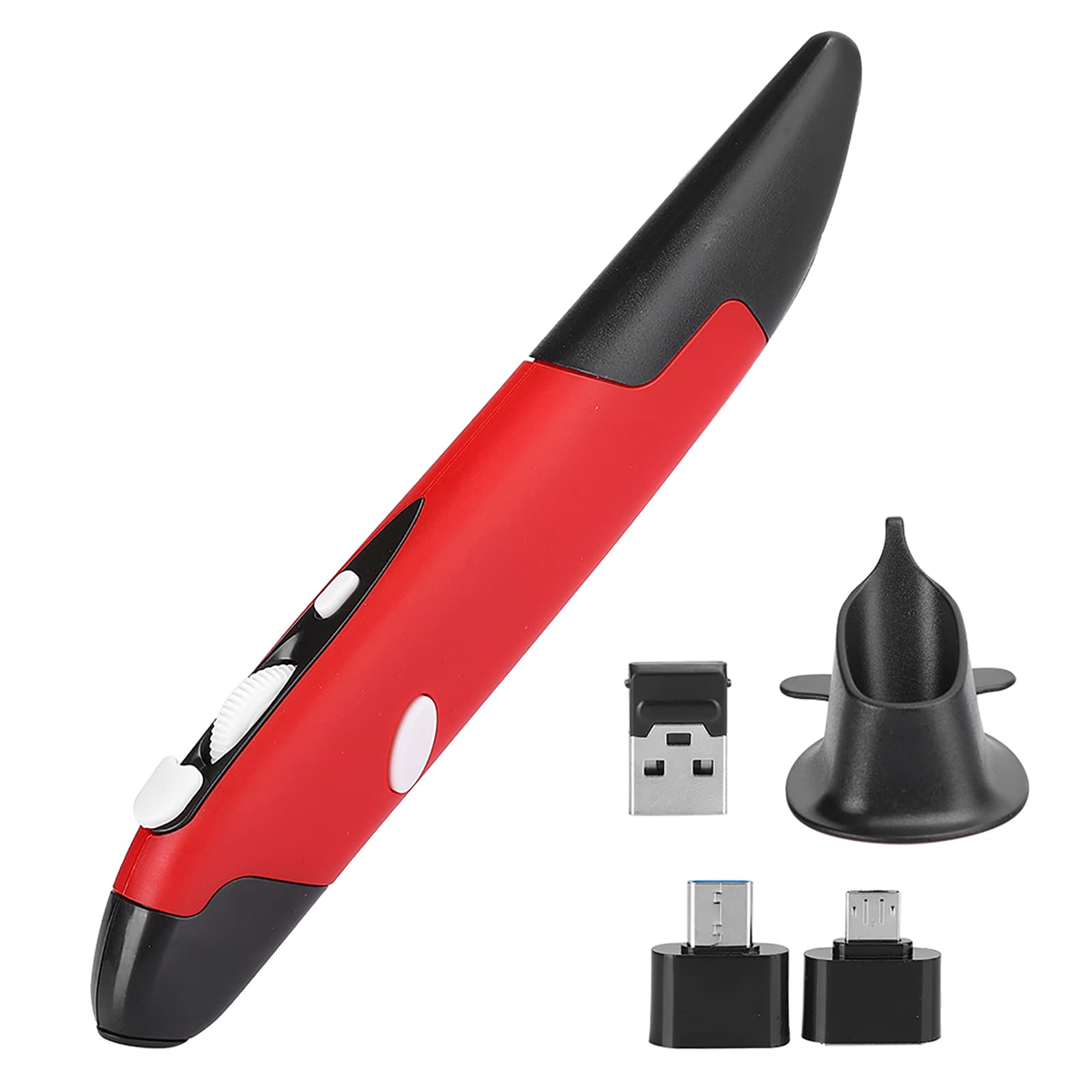 Rote stiftförmige Maus. Sie hat einen USB-Empfänger und eine Ladestation. Schwarze und weiße Knöpfe darauf.