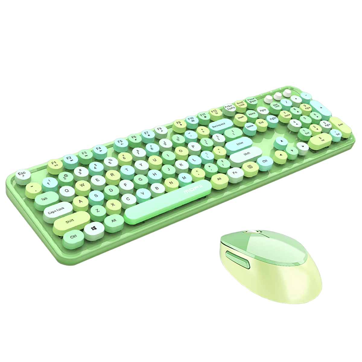 Grüne kabellose Tastatur und Maus auf weißem Hintergrund. Tastatur mit runden Tasten.