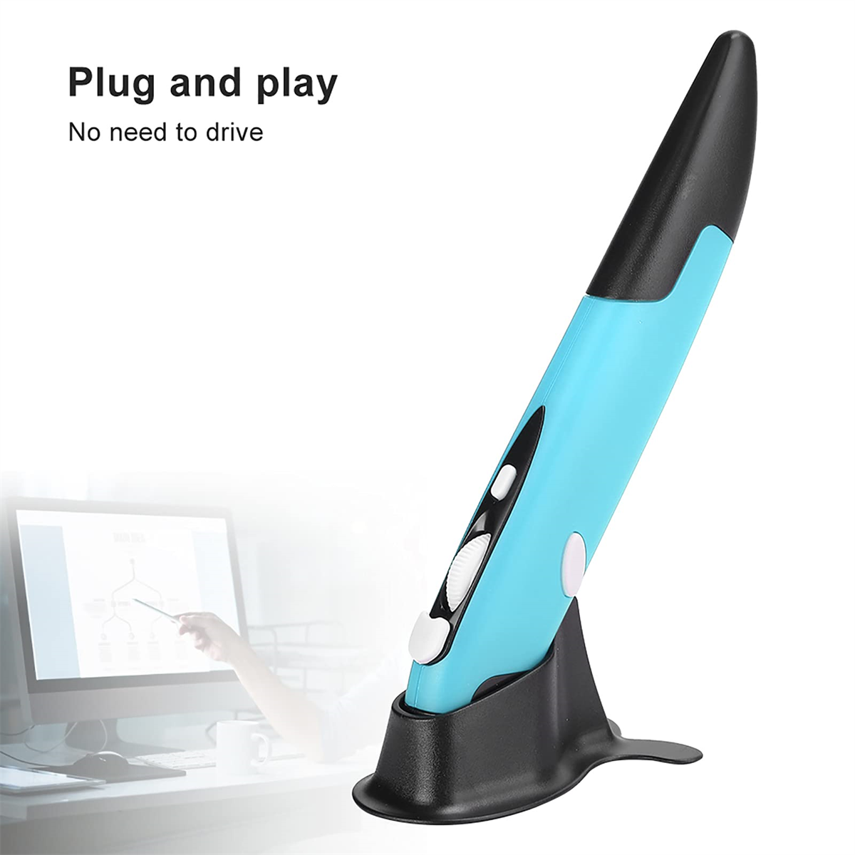 Blaues stiftförmiges Maus in einem schwarzen Ständer, mit einem Computerbildschirm im Hintergrund.