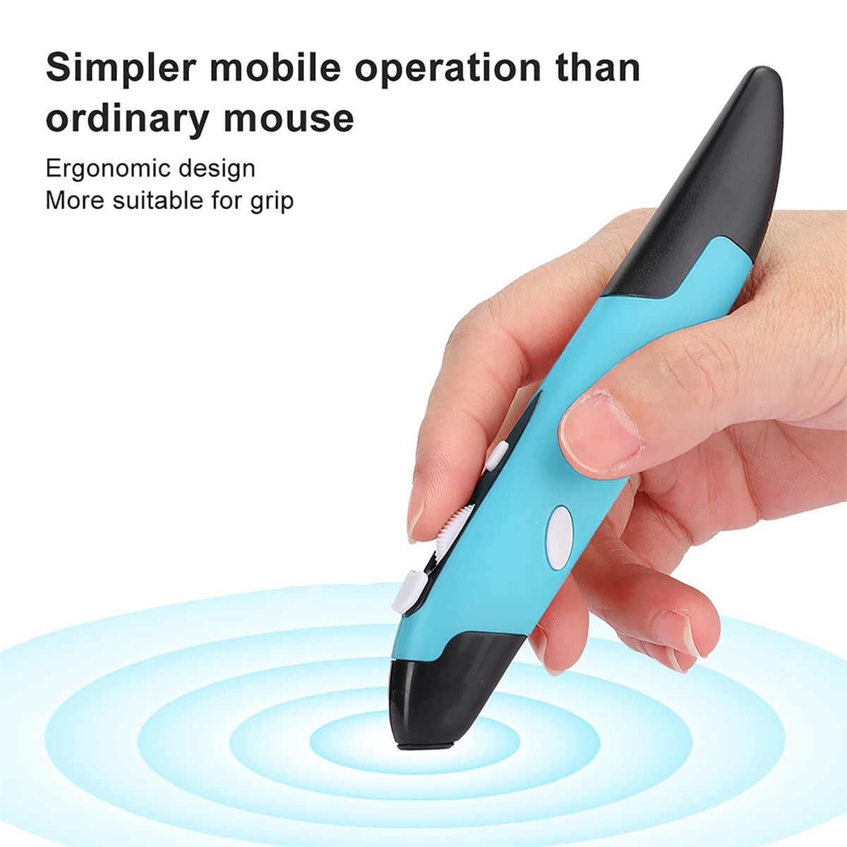 Eine Stiftmaus. Blau und schwarz mit weißen Tasten. Sie hat ein ergonomisches Design.