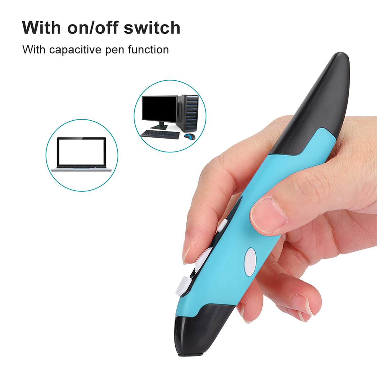 Eine Hand, die einen blau-schwarzen Stift hält. Computer- und Laptop-Symbole im Hintergrund.