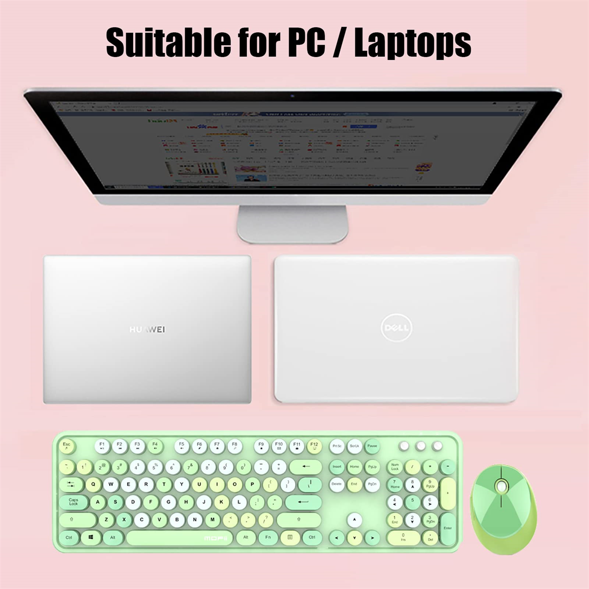 Grünes Tastatur- und Maus-Set mit einem Computer und zwei Laptops.