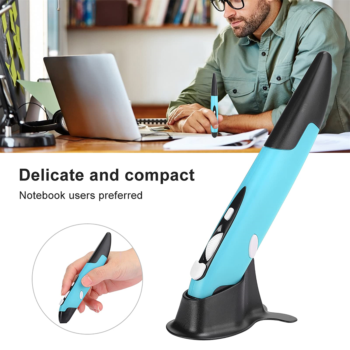 Eine blaue stiftförmige Maus mit schwarzem Ständer. Eine Person benutzt einen ähnlichen Stift am Laptop.