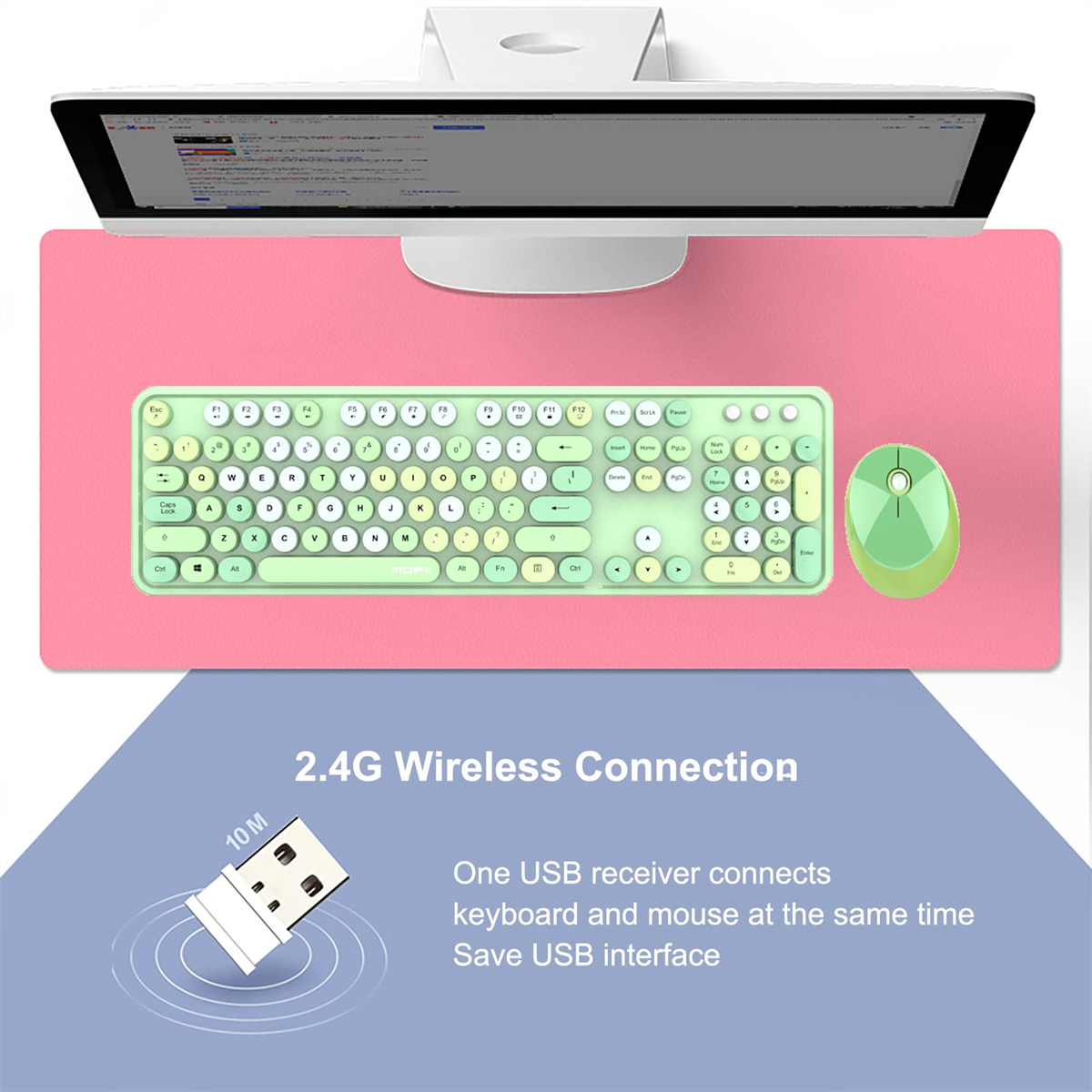 Ein grünes und weißes Tastatur- und Maus-Set auf einer rosa Schreibtischunterlage mit einem blauen Bereich. Ein USB-Empfänger wird ebenfalls gezeigt.