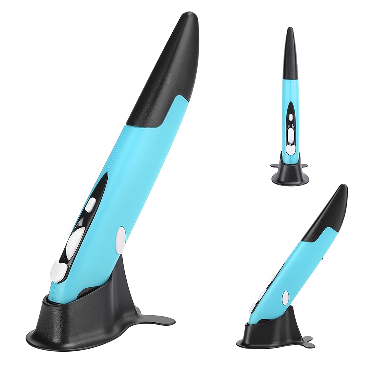 Blau-schwarzer stiftförmiger 3D-Drucker. Es gibt drei Ansichten, die das Design zeigen.