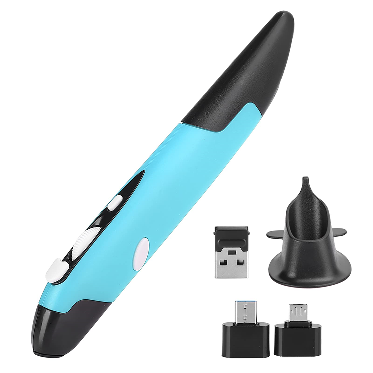 Eine blaue stiftförmige Maus mit Zubehör: USB-Empfänger, USB- und Micro-USB-Adapter und ein Ständer.