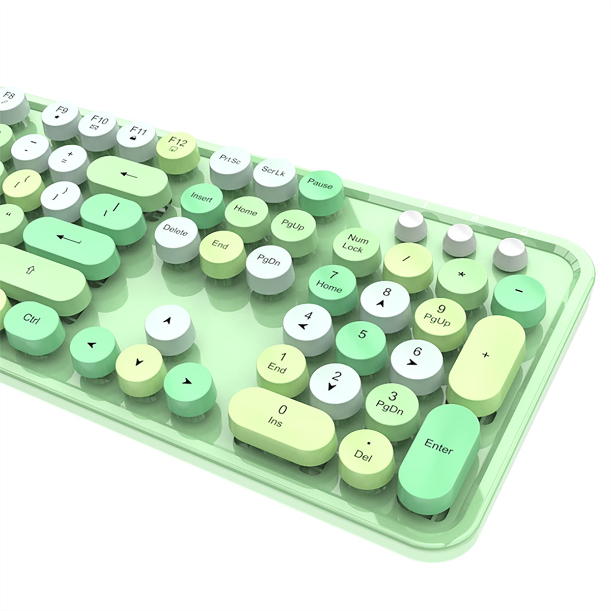 Grüne Tastatur mit abgerundeten Tasten. Die Tasten haben eine hellgrüne Farbe. Weißer Hintergrund.