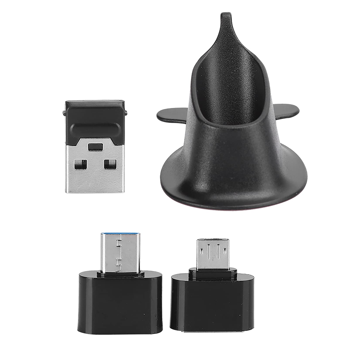 Drei schwarze USB-Adapter.  Weißer Hintergrund.