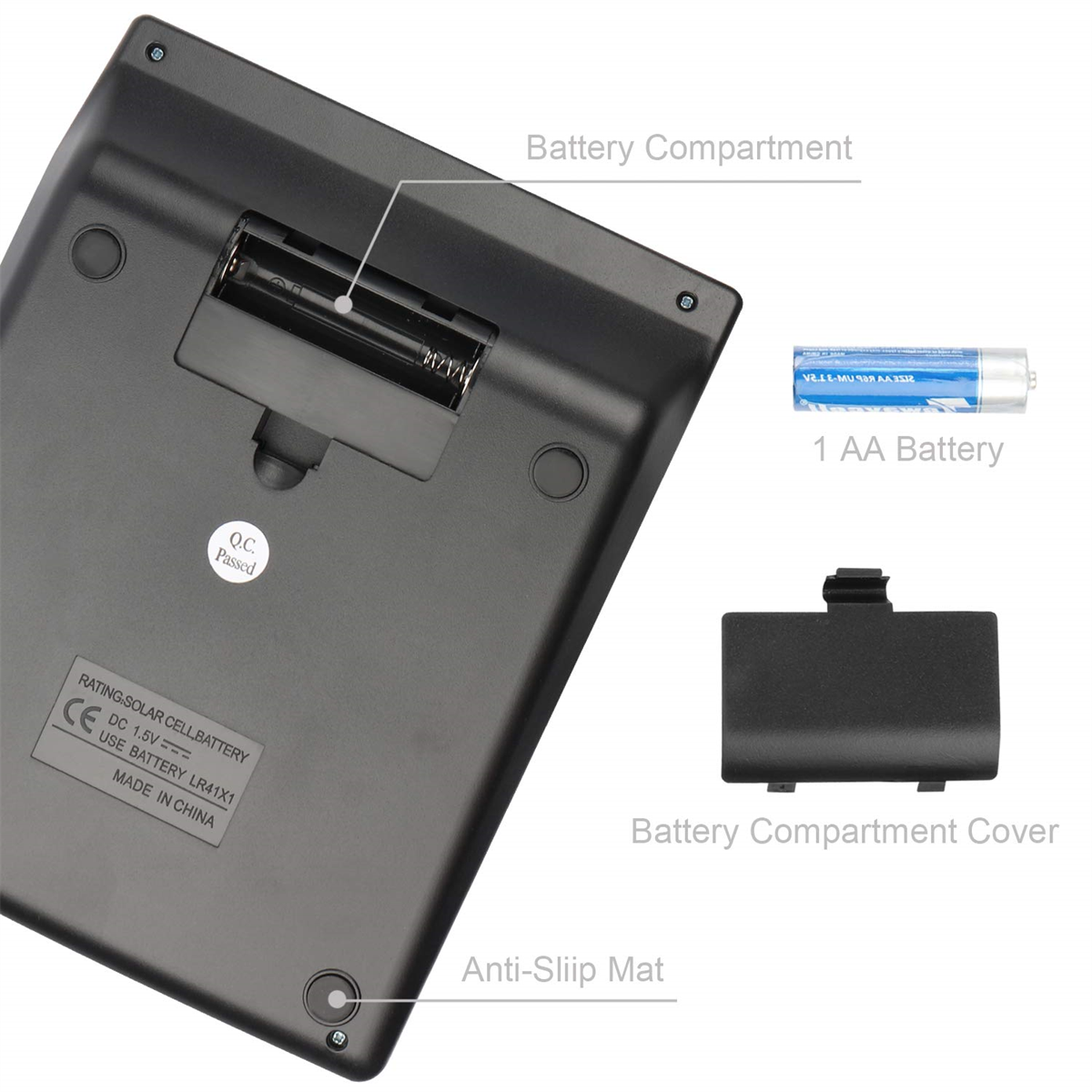 Rechnerunterseite mit Batteriefach, Batterie und Deckel. Mit Anti-Rutsch-Matte.