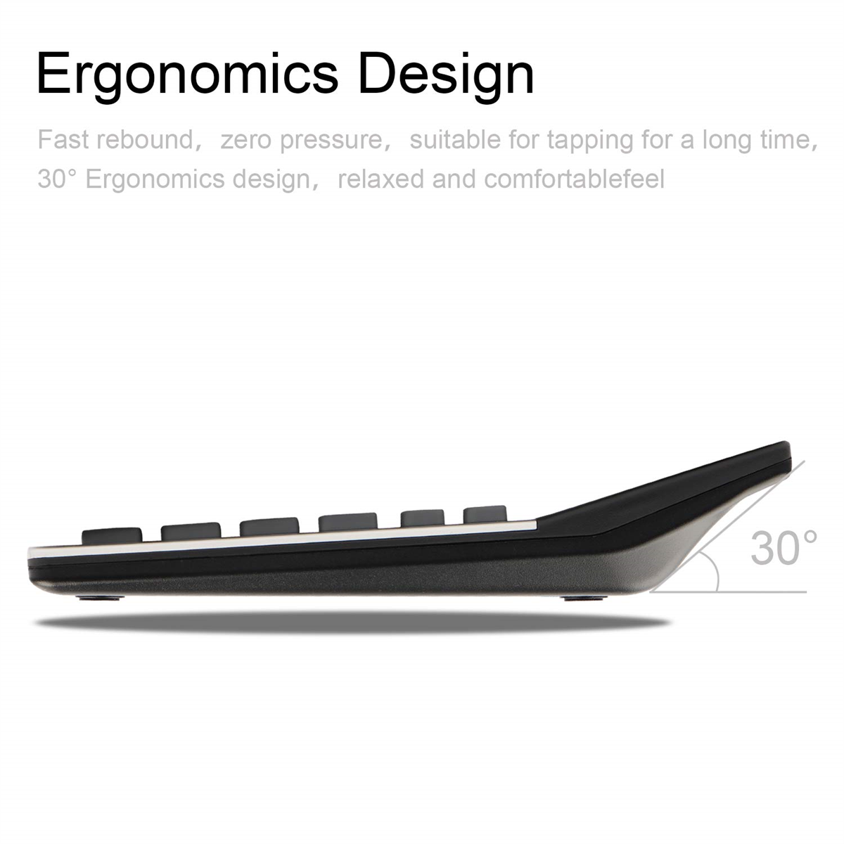 Eine Tastatur. Das Bild betont das ergonomische Design mit einem 30°-Winkel.