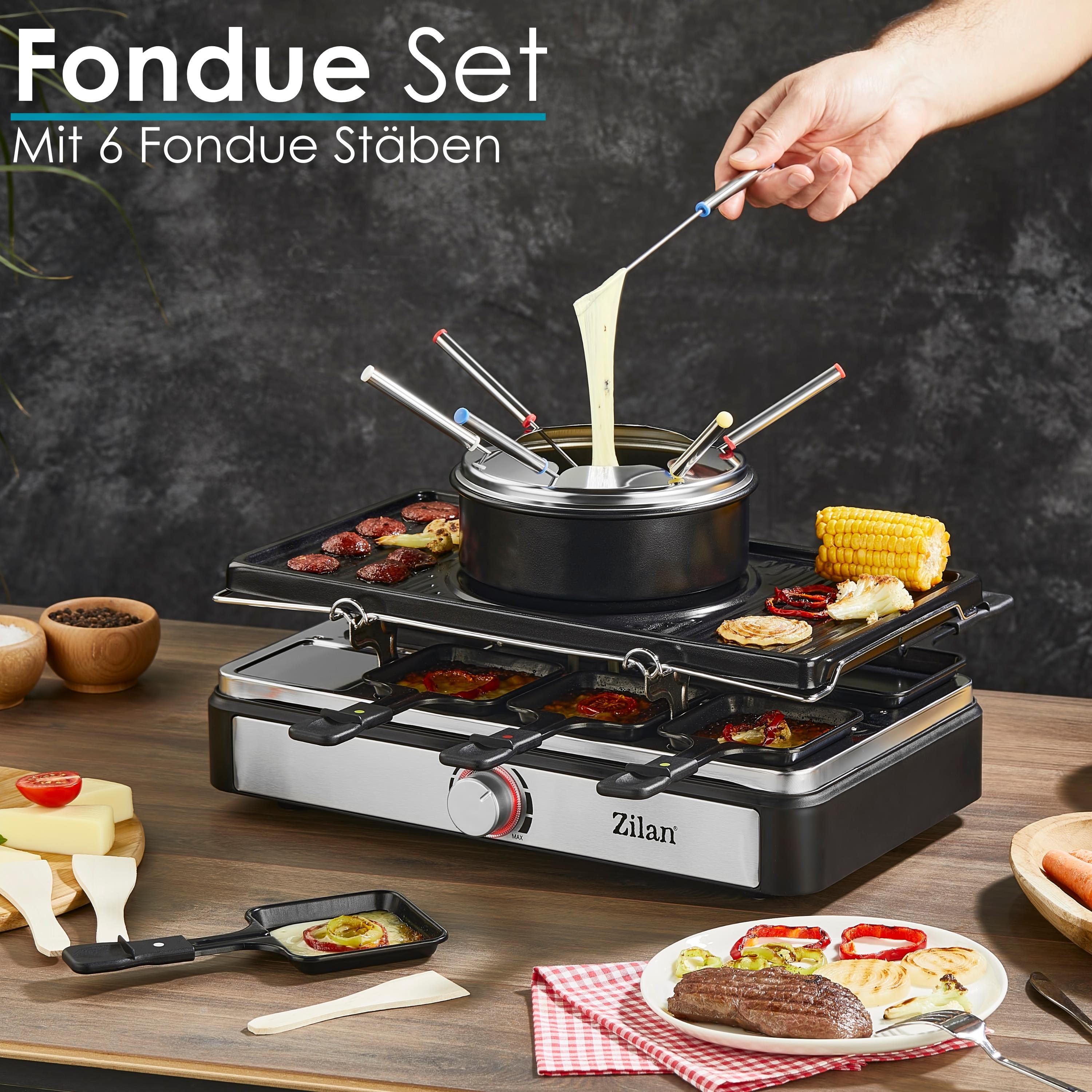 Fondue-Set mit Topf, sechs Gabeln und Zutaten auf einem Tisch.