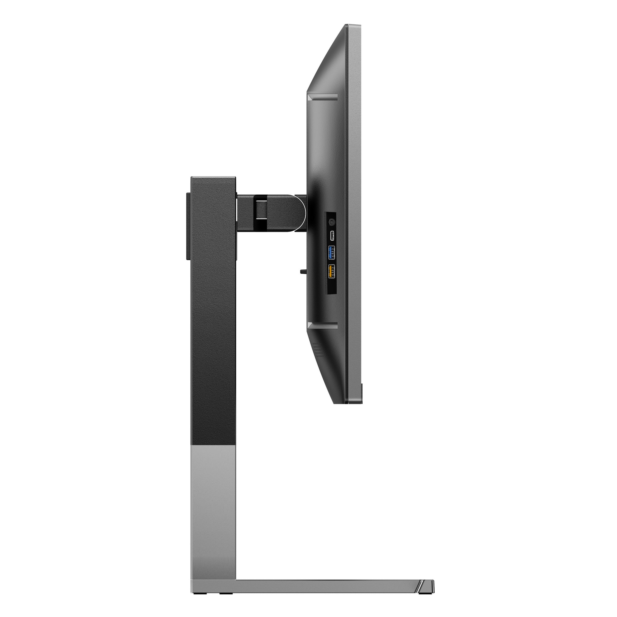 Widok z boku monitora z czarną ramką i podstawą. Tylny panel ma porty.