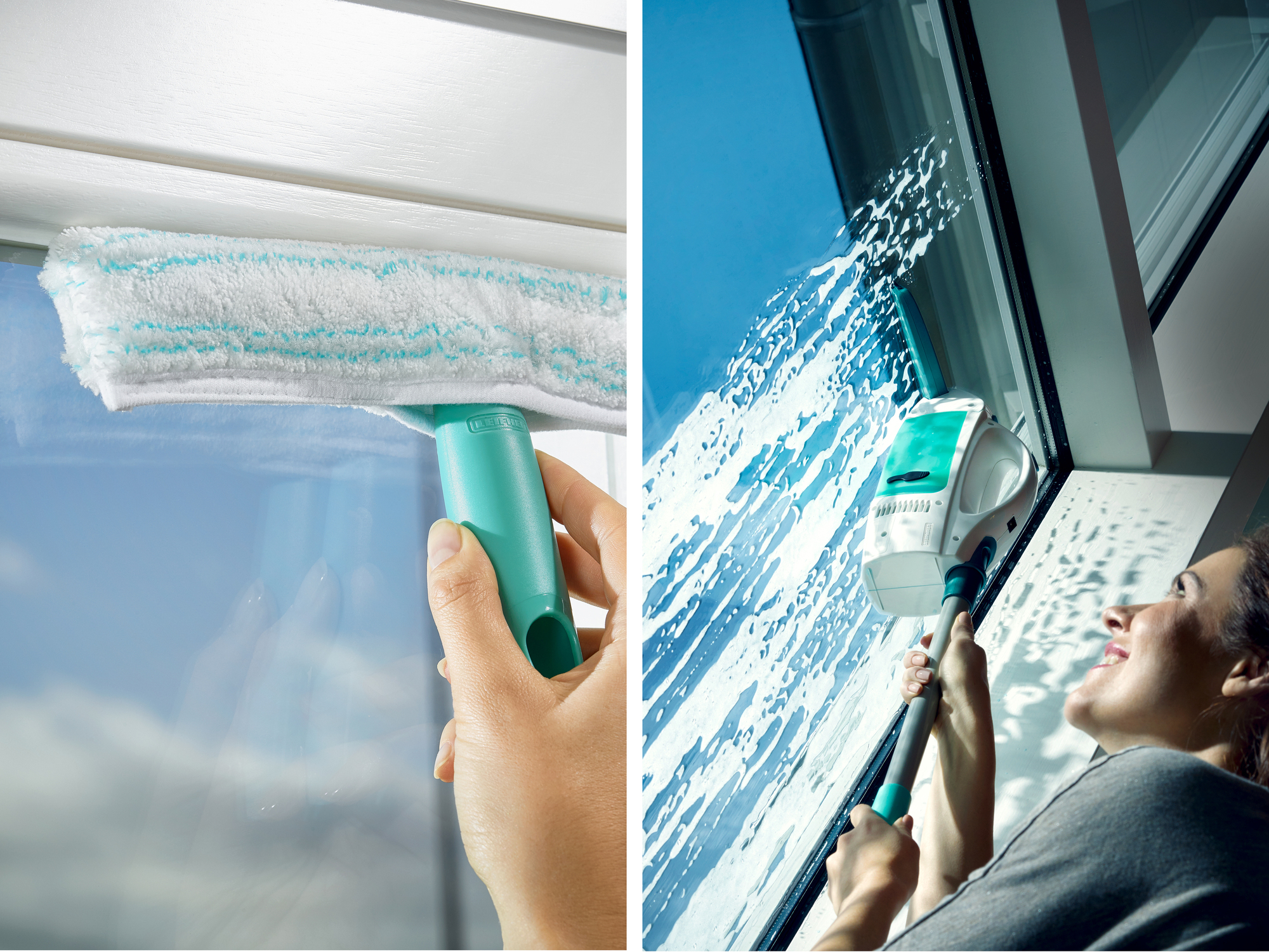 Osoba czyści okno ściągaczką i butelką ze spryskiwaczem z roztworem czyszczącym.