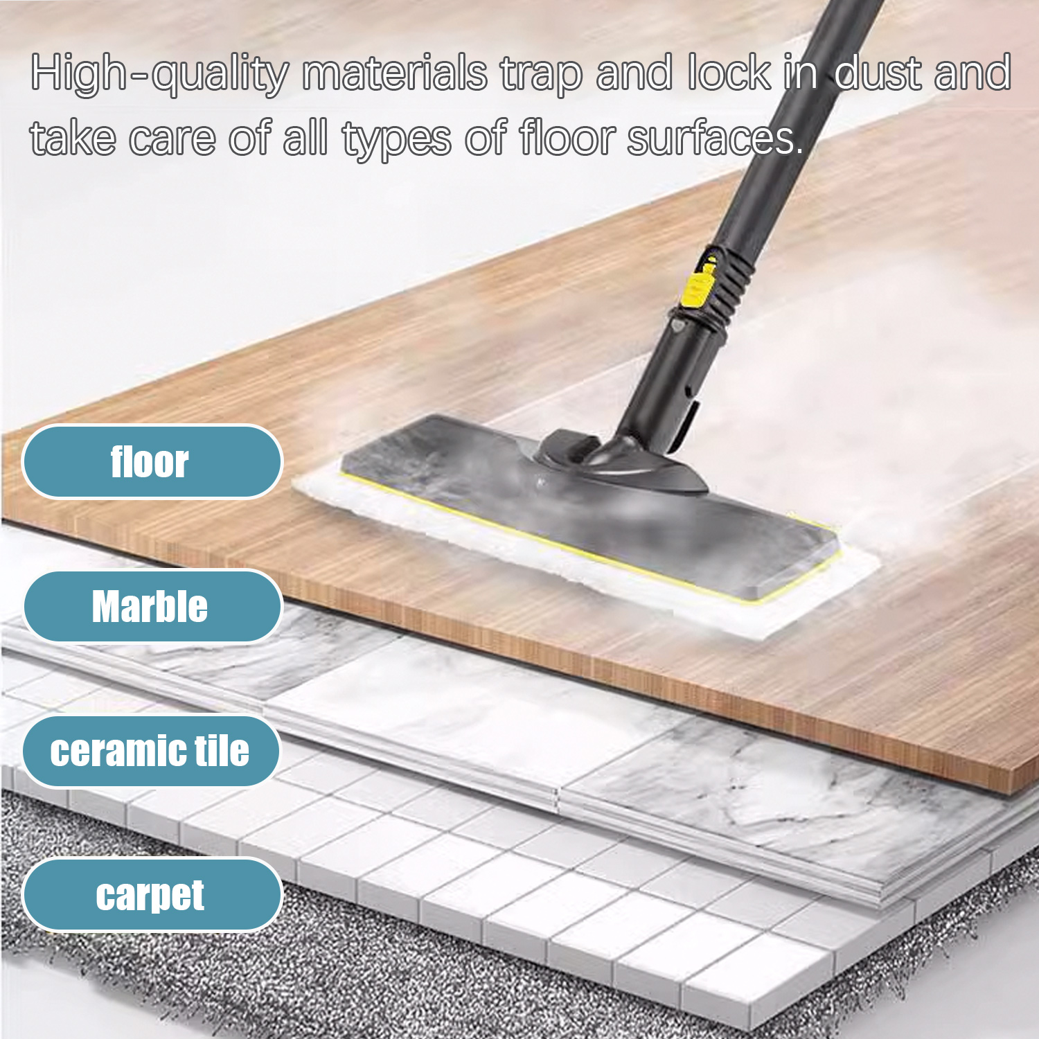 Mop parowy czyszczący drewnianą podłogę. Pokazuje różne rodzaje podłóg, takie jak drewno, marmur i dywan.