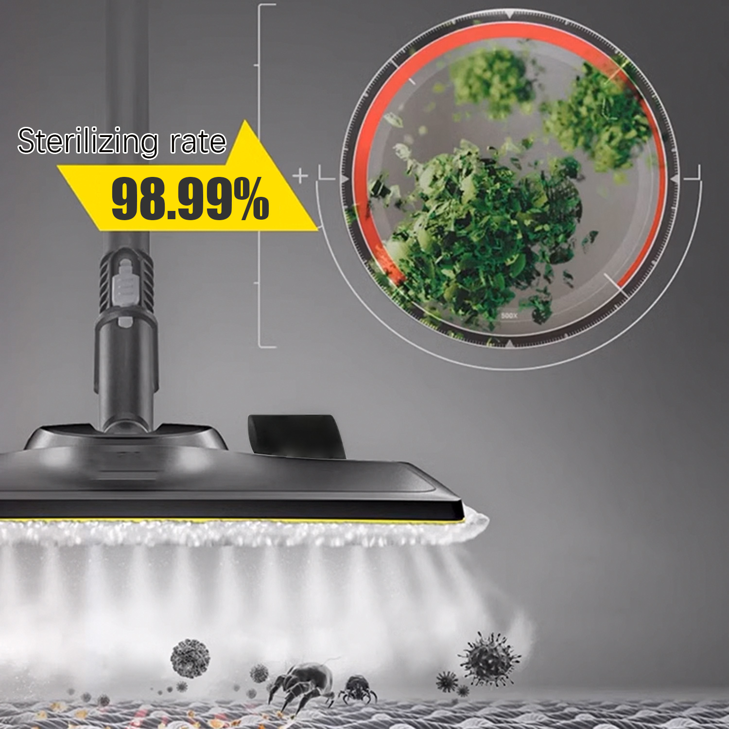 Oczyszczacz parowy ze wskaźnikiem sterylizacji 98,99%. Zbliżenie na głowicę czyszczącą i efekt.