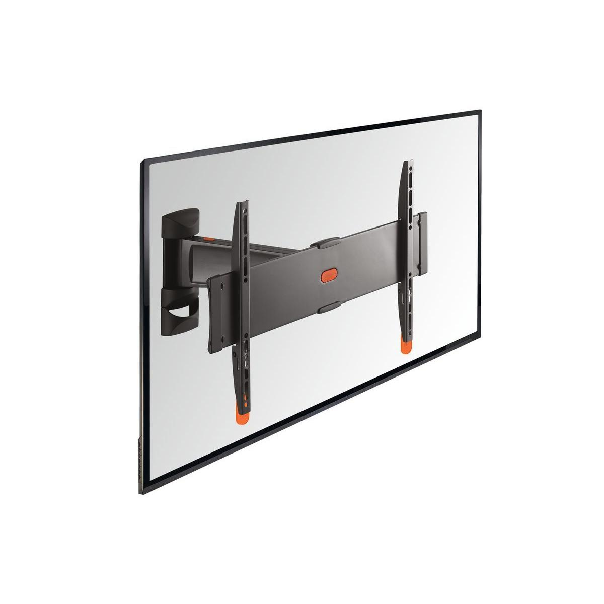 Uchwyt TV przymocowany do ściany. Jest czarny z pomarańczowymi akcentami, a na nim zamontowany jest ekran.