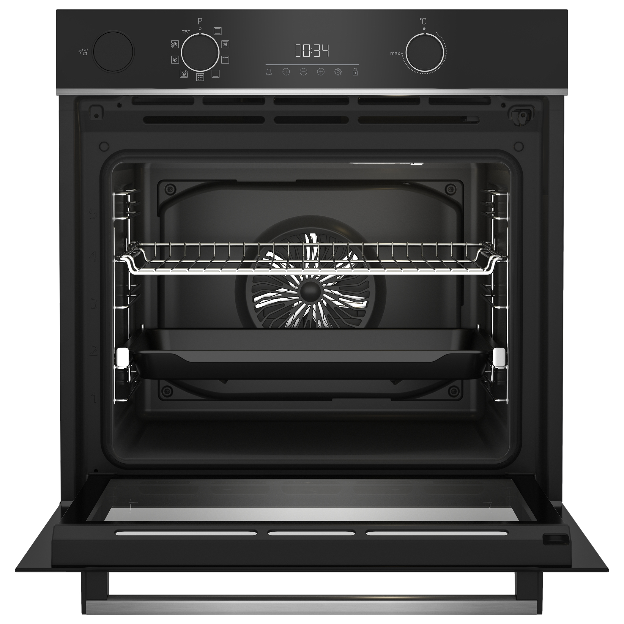Un forno con la porta aperta e griglie all'interno.