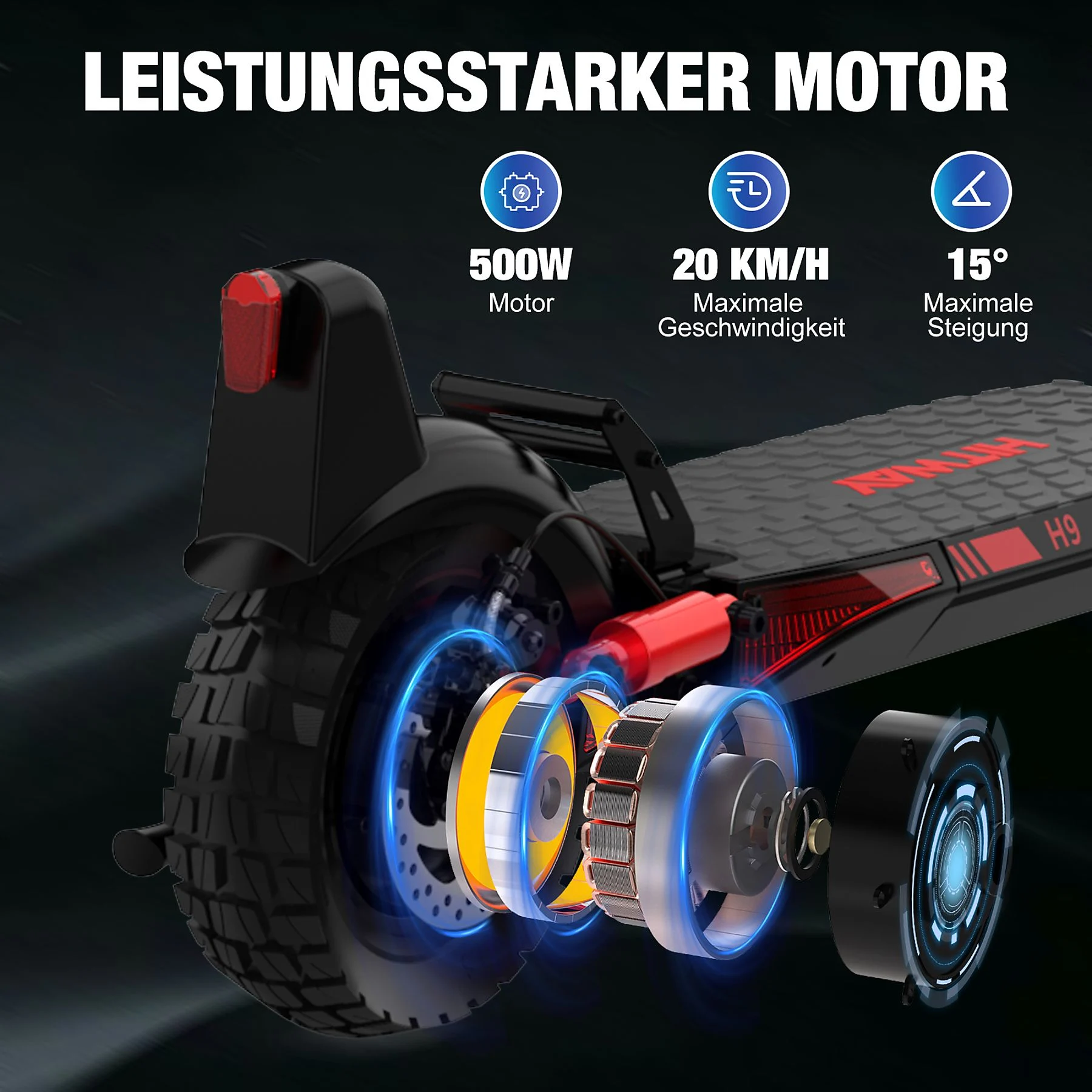Schwarzer und roter Elektroroller mit gezeigten Komponenten. Dunkler Hintergrund.