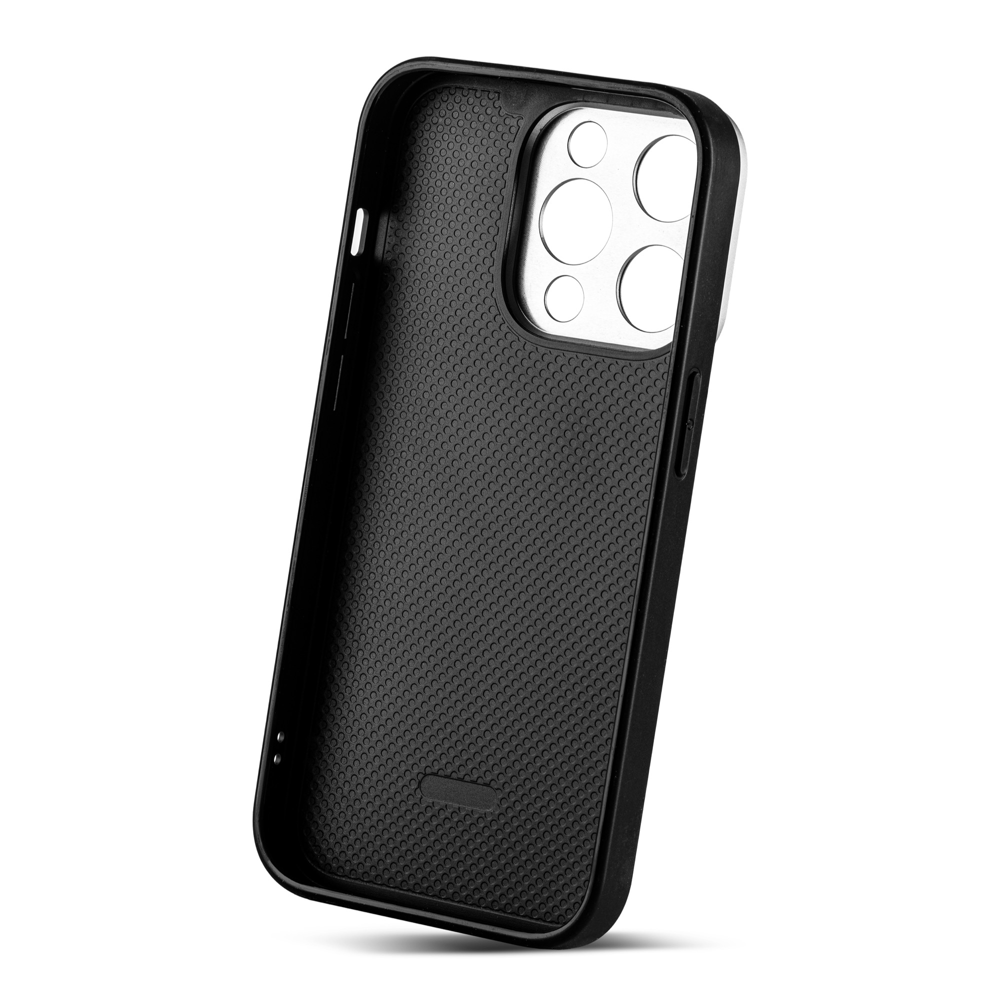 Black iPhone case interior, with honeycomb texture and camera cutouts, against white backdrop.