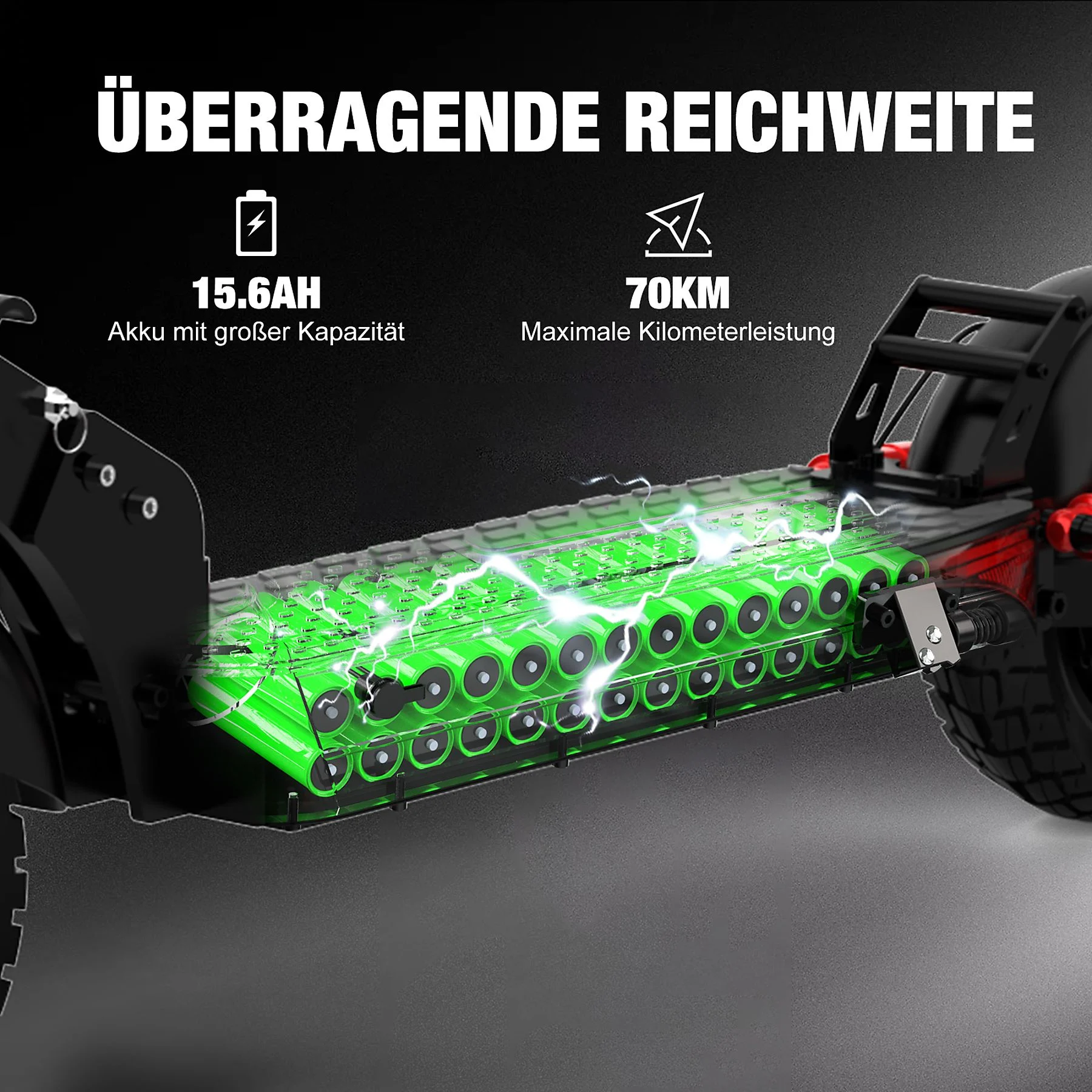 E-Scooter-Akkupack mit 15,6 Ah Kapazität und 70 km maximale Reichweite.