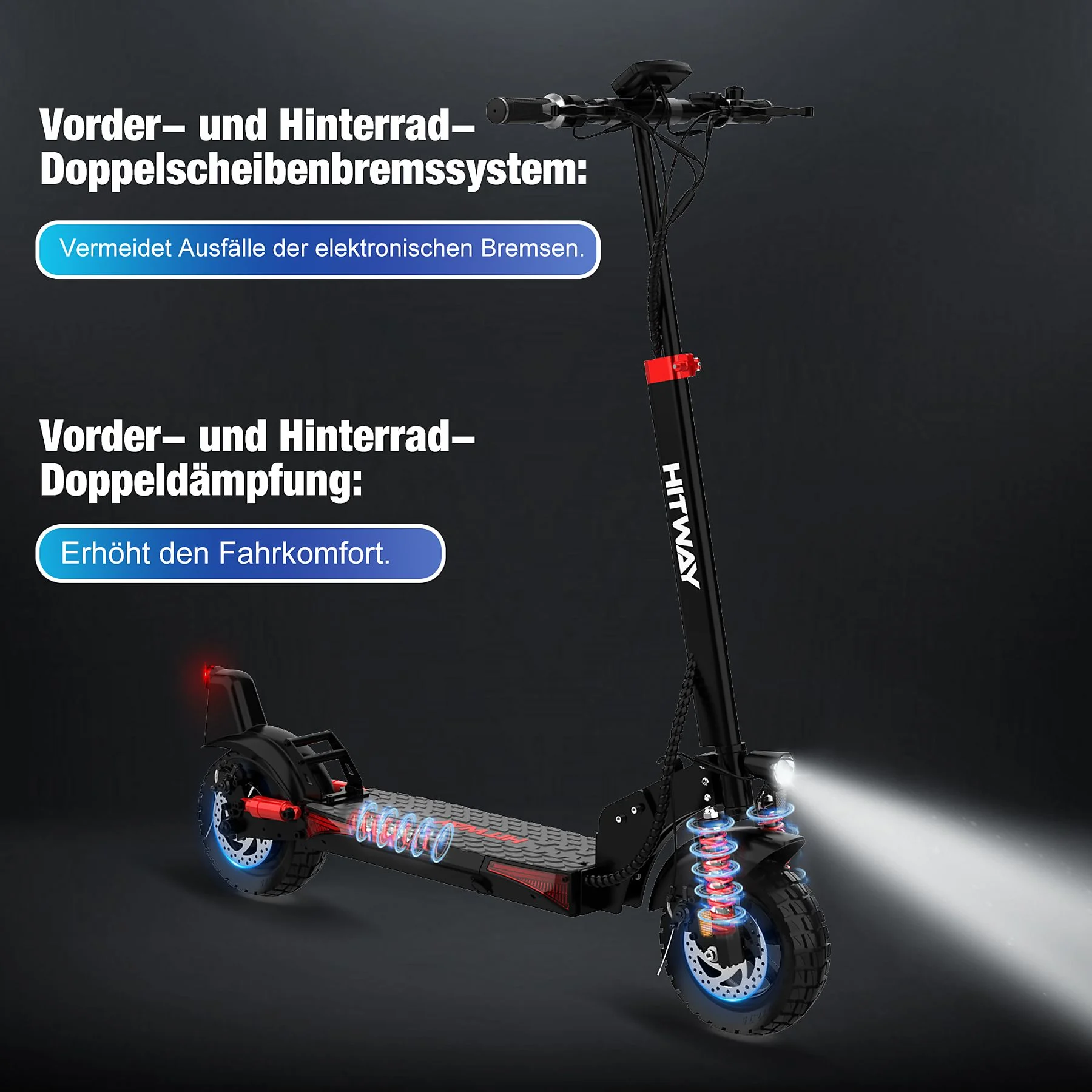 Schwarzer HITWAY Elektroroller mit eingeschaltetem Licht, zeigt Scheibenbremsen vorne und hinten.