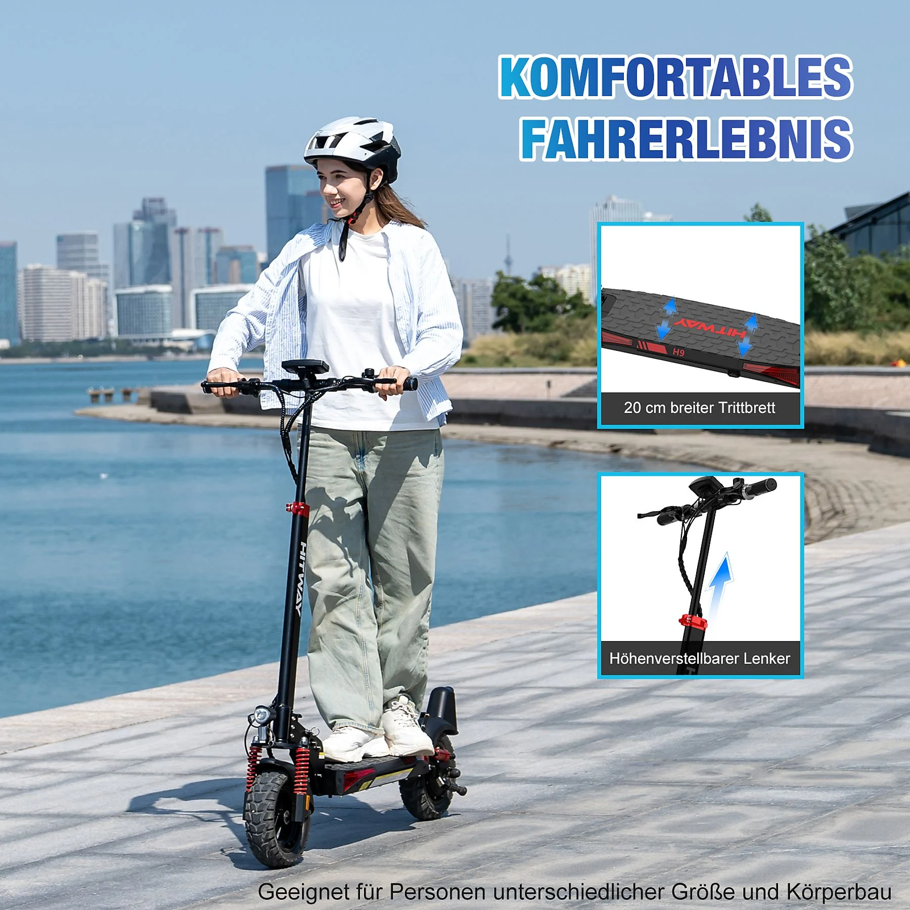 Frau fährt einen Elektroroller auf einem gepflasterten Weg. Skyline in der Ferne. Rollerdetails im Bild.