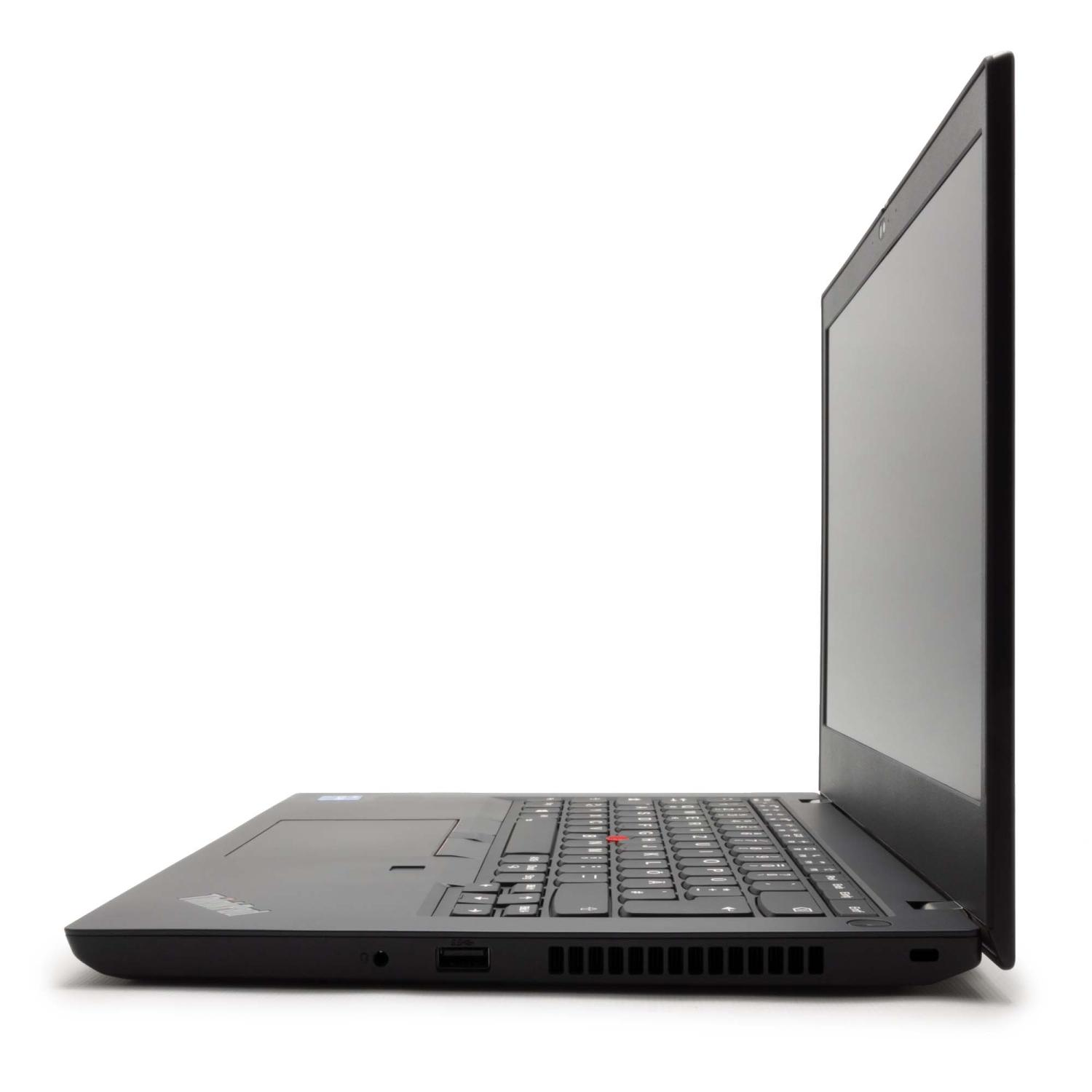 Schwarzer Laptop im Profil. Der Bildschirm ist schwarz, die Tastatur sichtbar. Weißer Hintergrund.