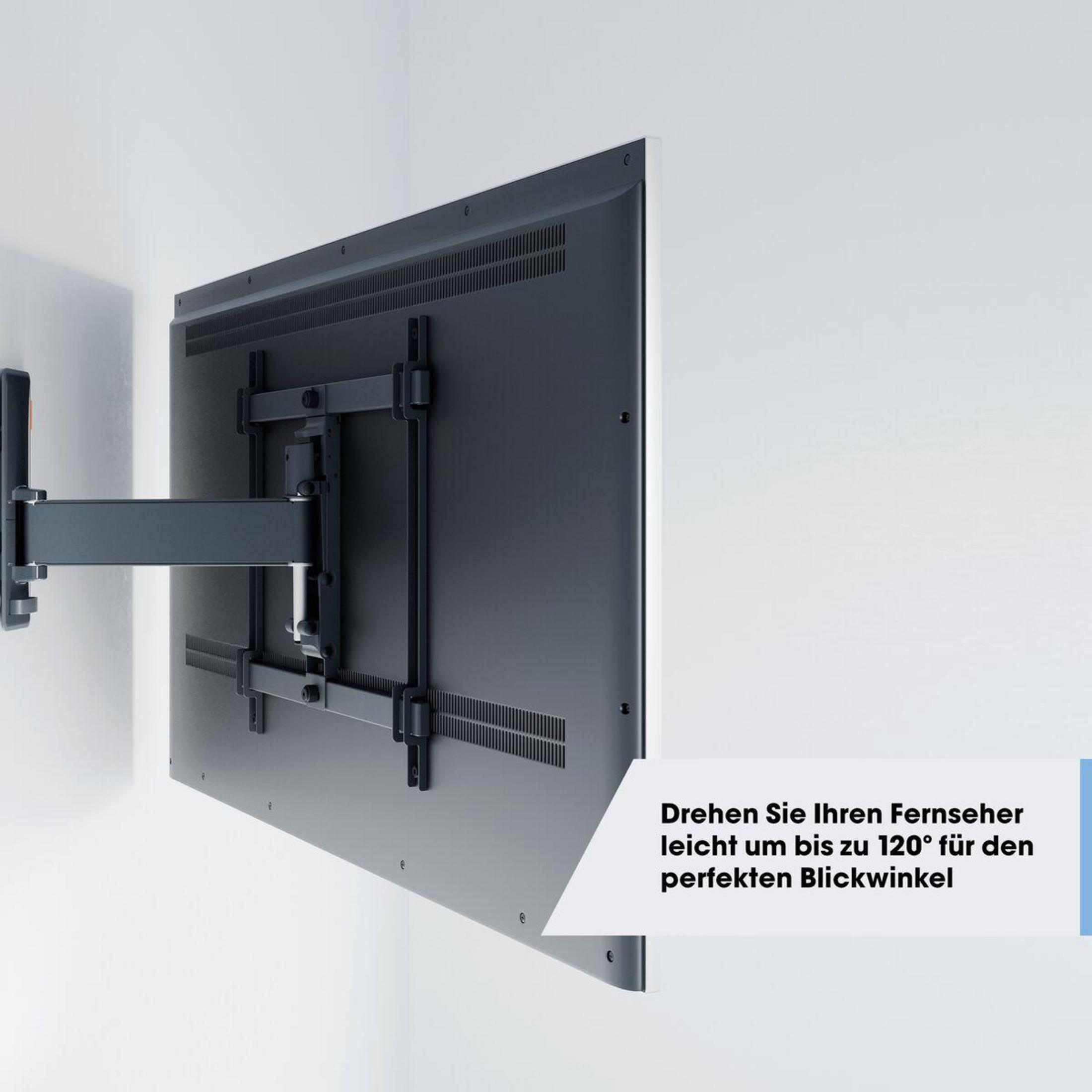 Telewizor zamontowany na ścianie, regulowane ramię. Białe tło.