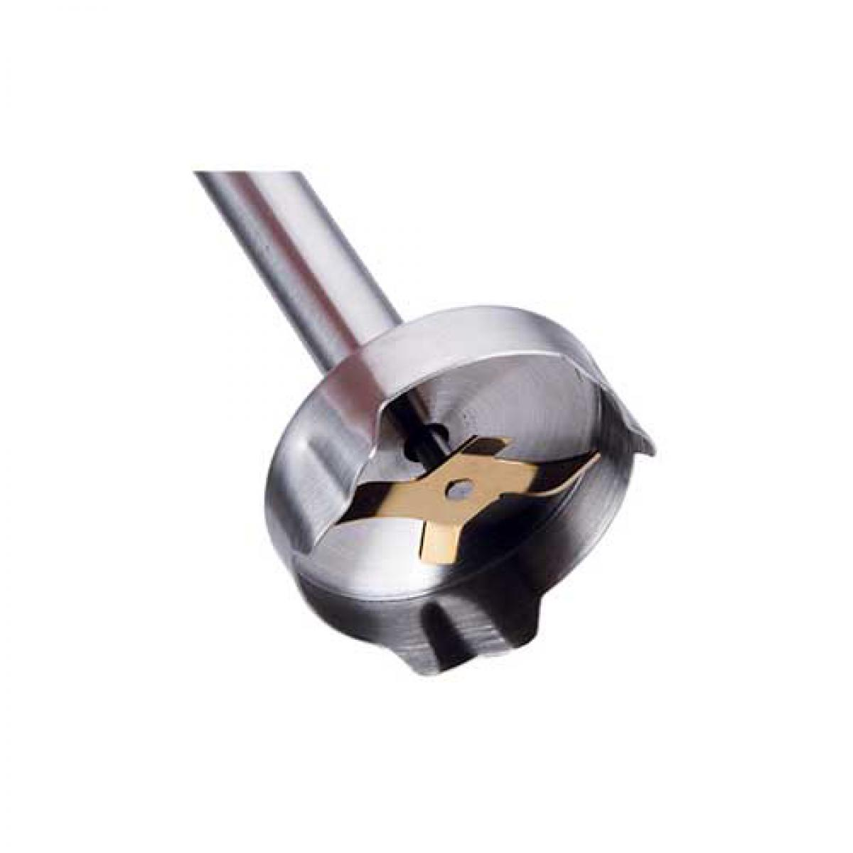 Un primer plano de la cuchilla y la carcasa de una licuadora, que muestra la cuchilla de metal y oro.