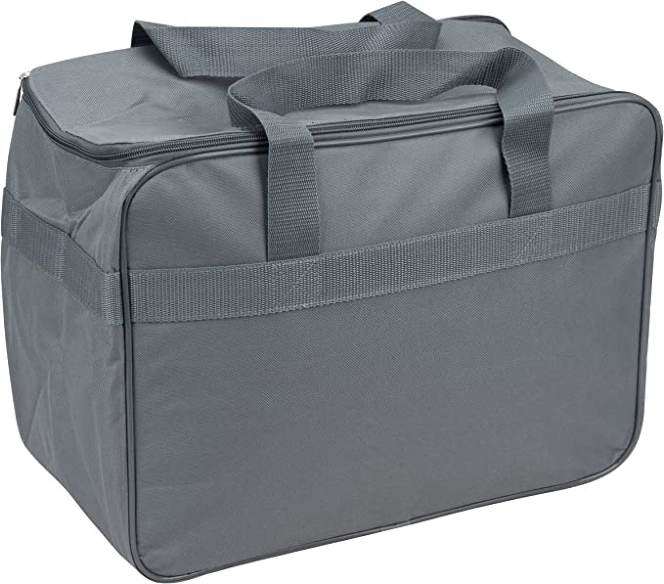 Eine graue rechteckige Stofftasche mit Griffen und Reißverschluss auf weißem Hintergrund.