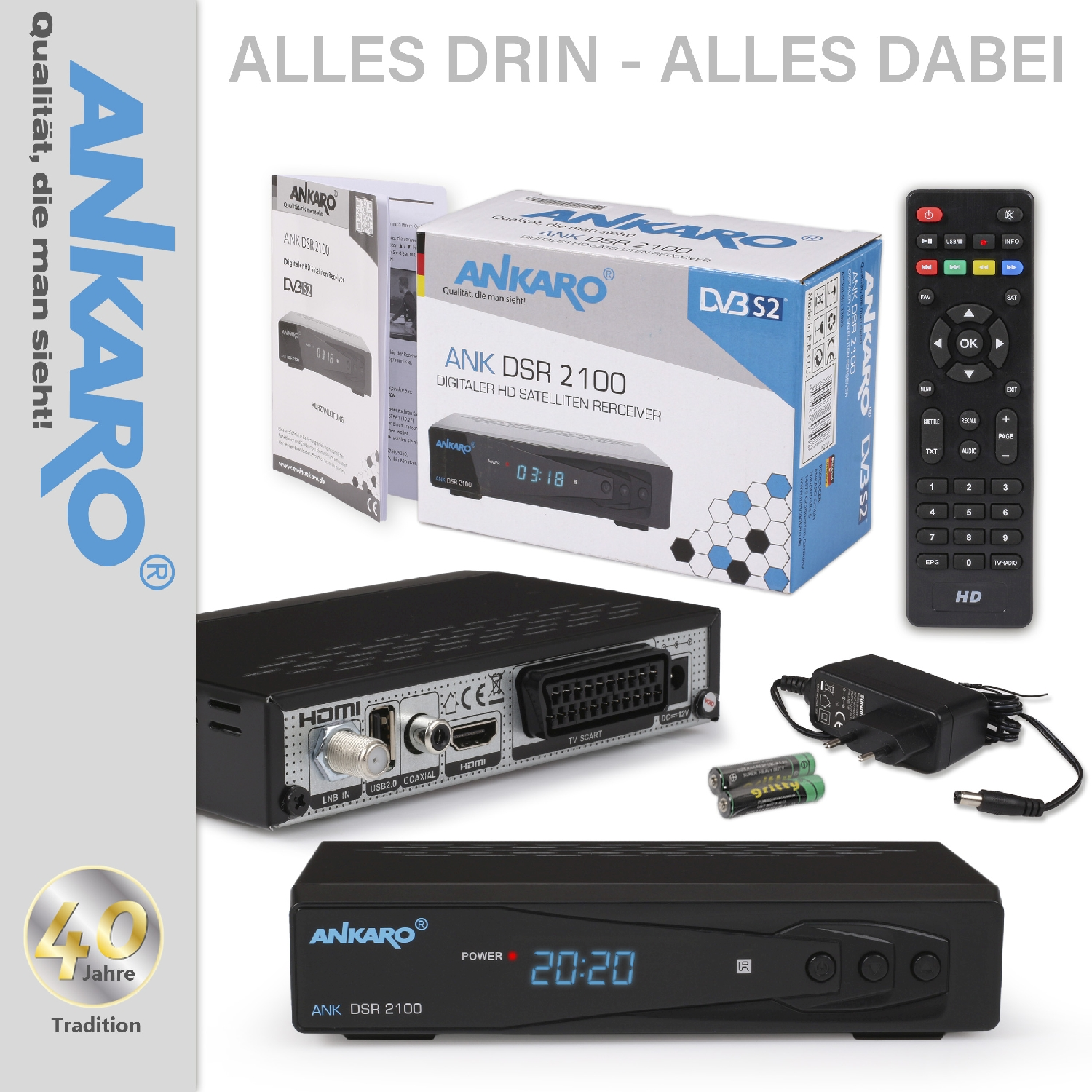 Ein Satellitenreceiver mit Zubehör und Fernbedienung.