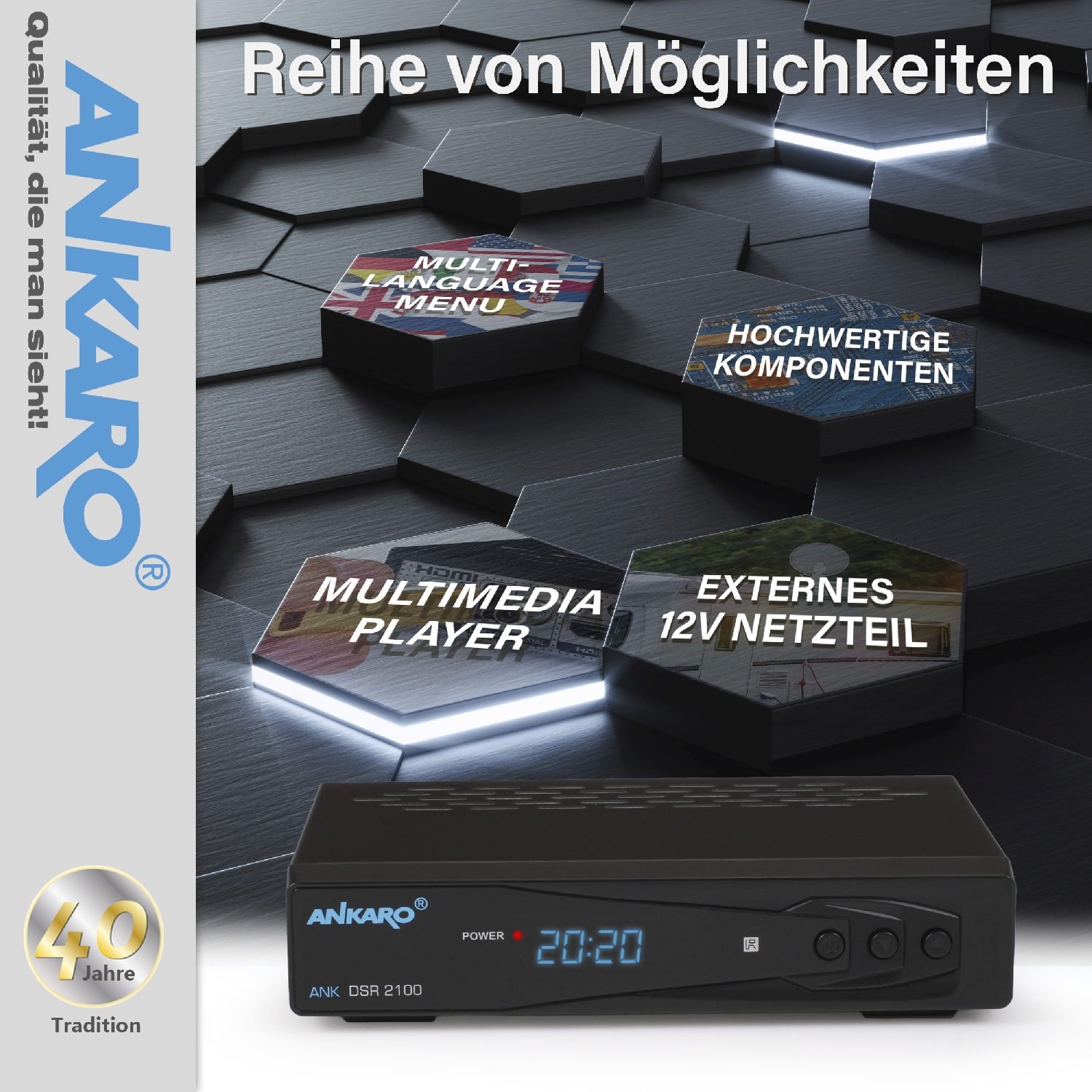 Schwarze Set-Top-Box auf schwarzem Hintergrund. Zeigt die Uhrzeit an. Verschiedene Funktionen werden hervorgehoben.