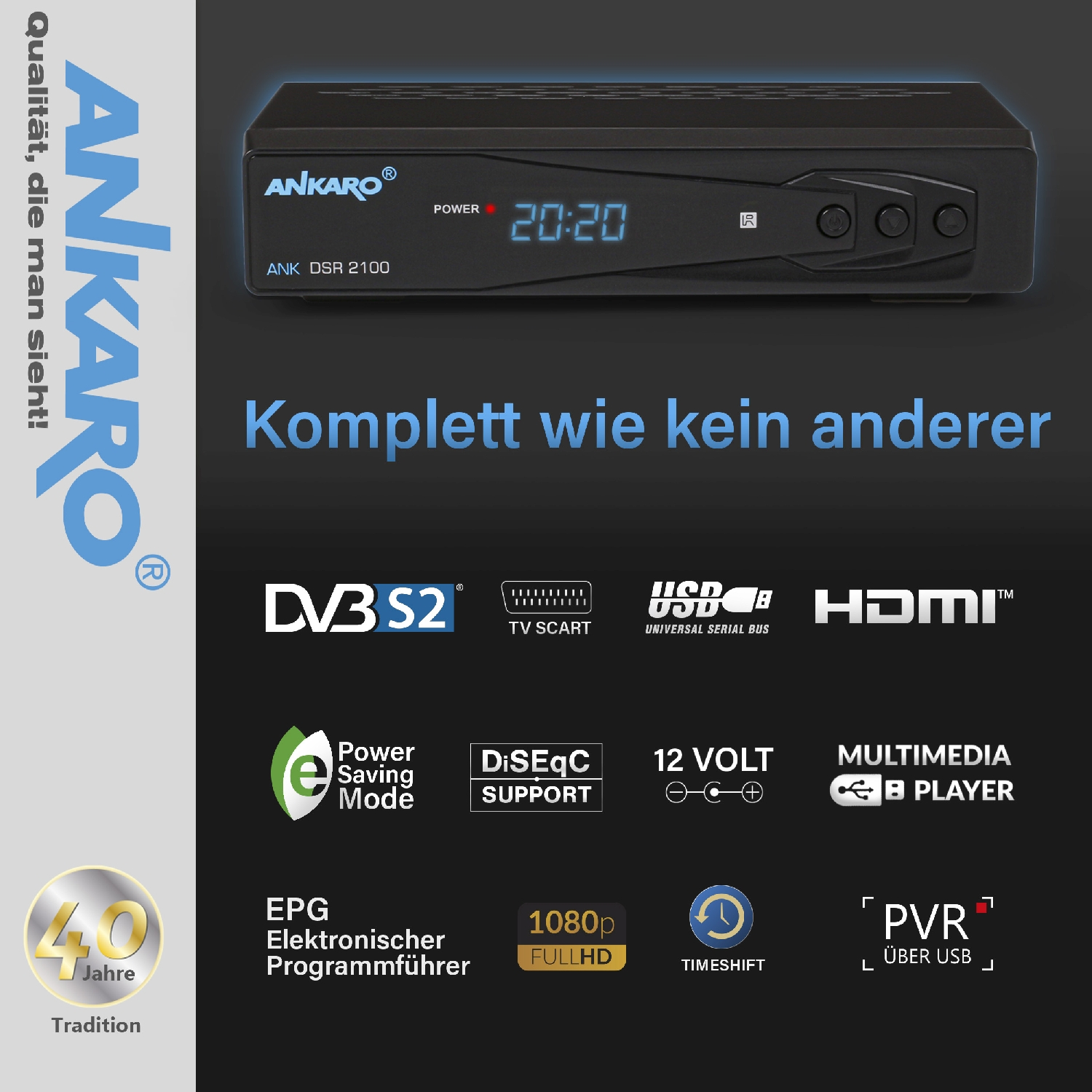 Ein schwarzer digitaler Receiver mit einem Bildschirm, der Zeit und verschiedene Funktionssymbole zeigt.