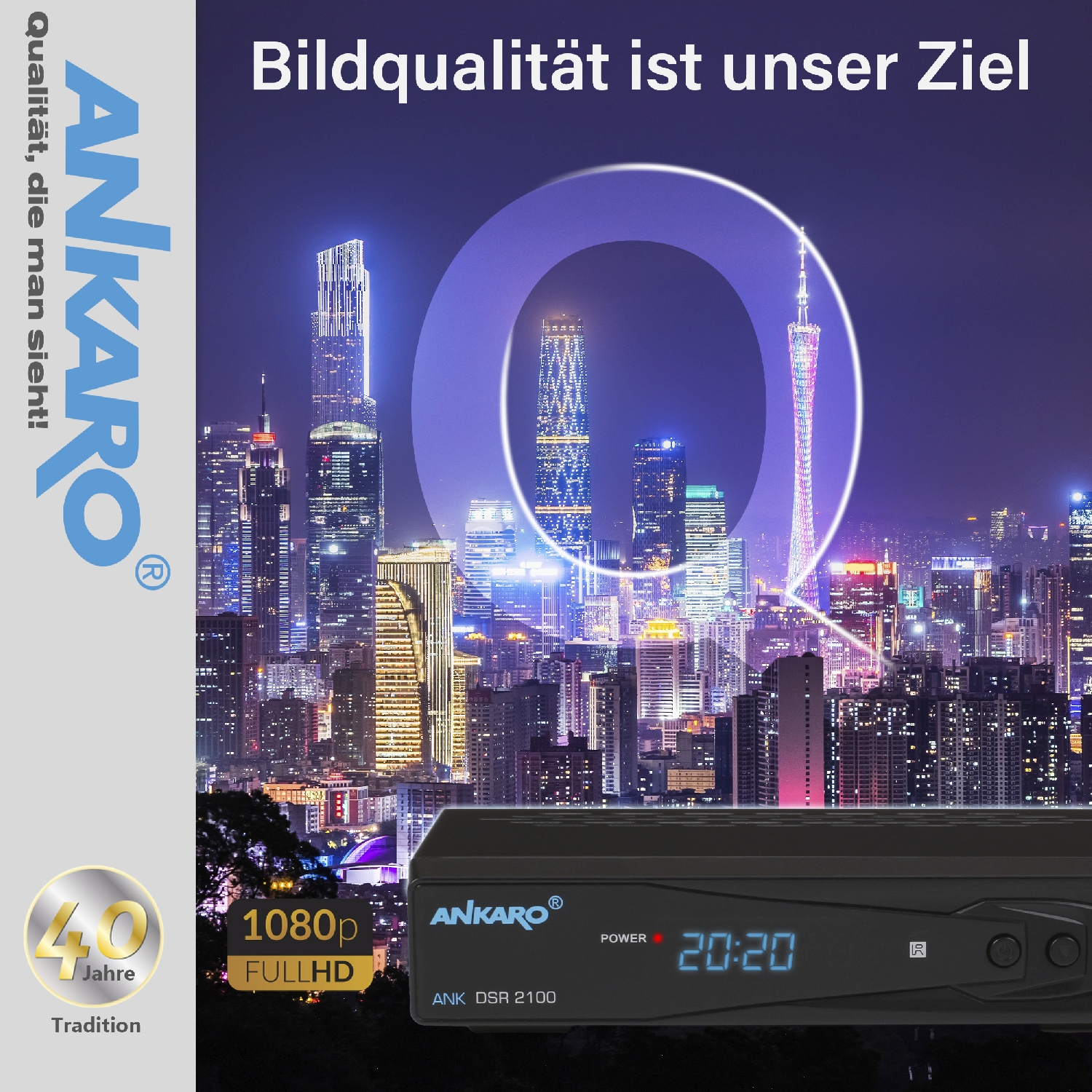 Nachtlandschaft mit Digitalanzeige und einem schwarzen Gerät mit Text: ANKARO.